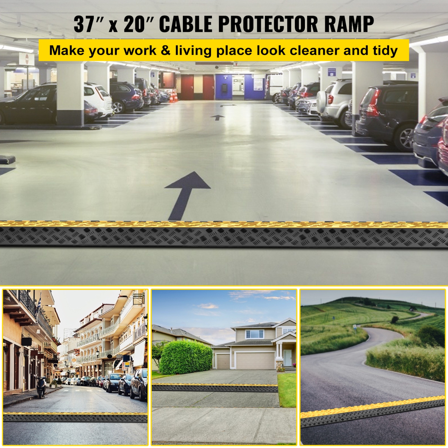 Protecteur de câble en caoutchouc VEVOR à 3 canaux, 2 rampe de protection durable de 2,3 cordon pour les entrées de garage, capacité 6600&nbsp;lb