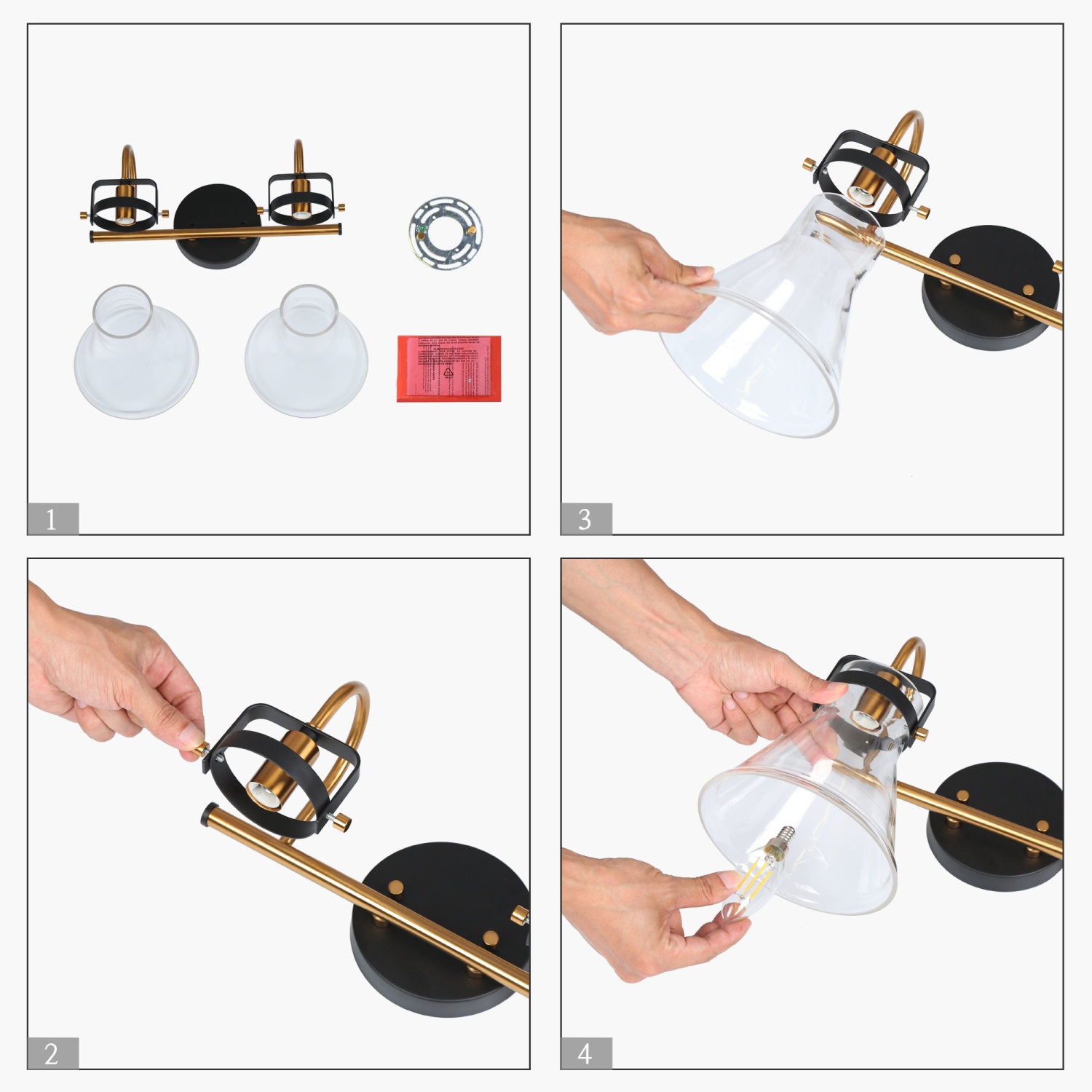 Applique murale pour salle de bain moderne/contemporaine Uolfin, 15,3-en-2, noir clair mat et laiton doré avec abat-jour en verre cloche transparent