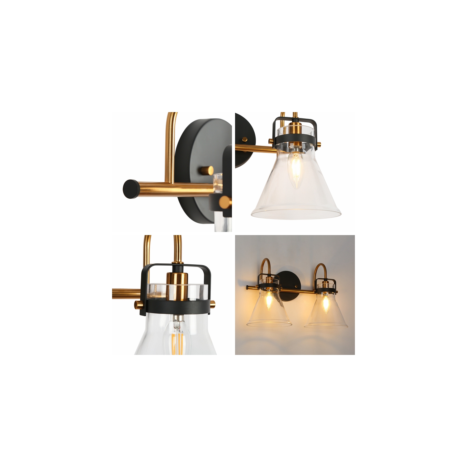 Applique murale pour salle de bain moderne/contemporaine Uolfin, 15,3-en-2, noir clair mat et laiton doré avec abat-jour en verre cloche transparent
