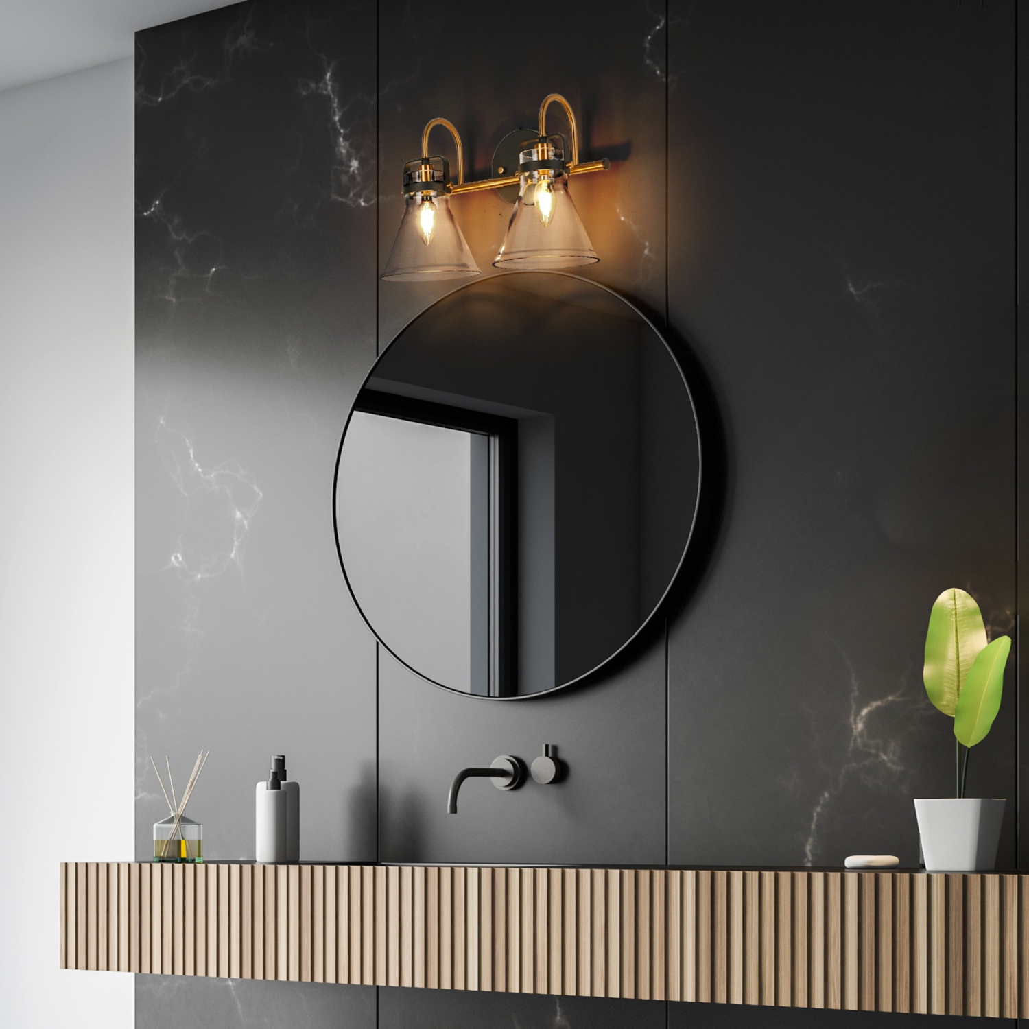 Applique murale pour salle de bain moderne/contemporaine Uolfin, 15,3-en-2, noir clair mat et laiton doré avec abat-jour en verre cloche transparent