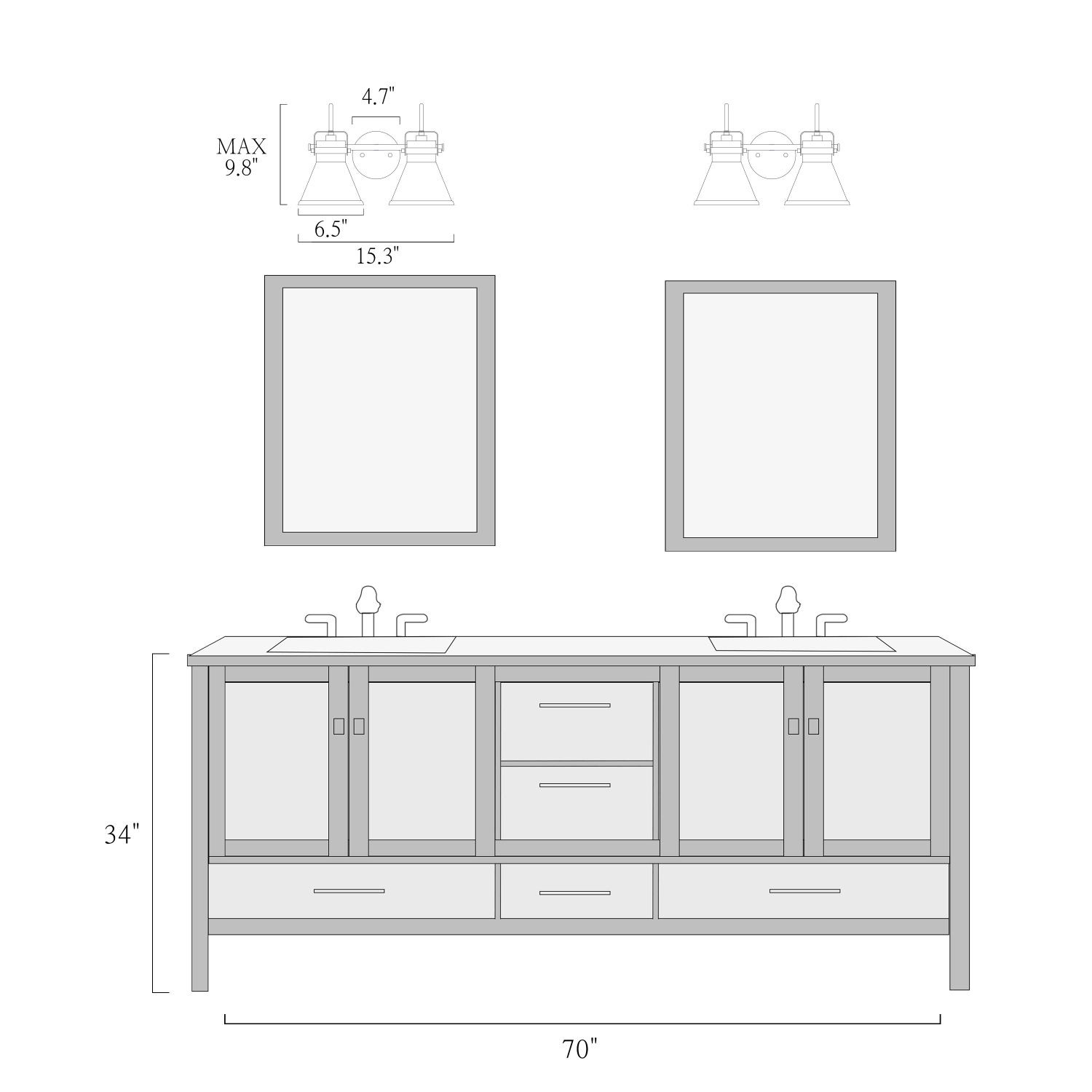 Applique murale pour salle de bain moderne/contemporaine Uolfin, 15,3-en-2, noir clair mat et laiton doré avec abat-jour en verre cloche transparent