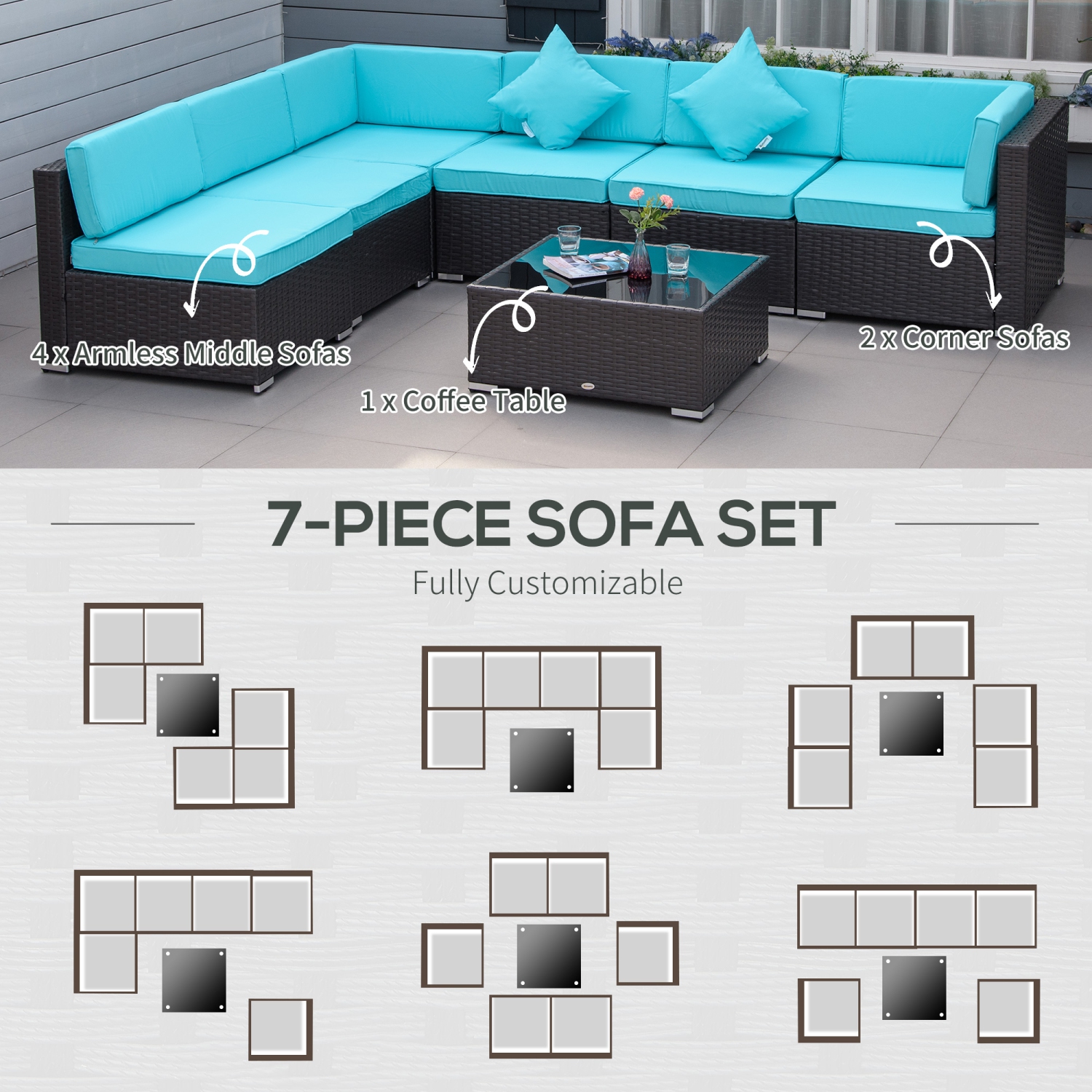 Outsunny 7 Piece Patio Furniture Set, PE Rattan Outdoor Conversation Set with Sectional Sofa, Glass Tabletop, Cushions and Pillows for Garden, Lawn,