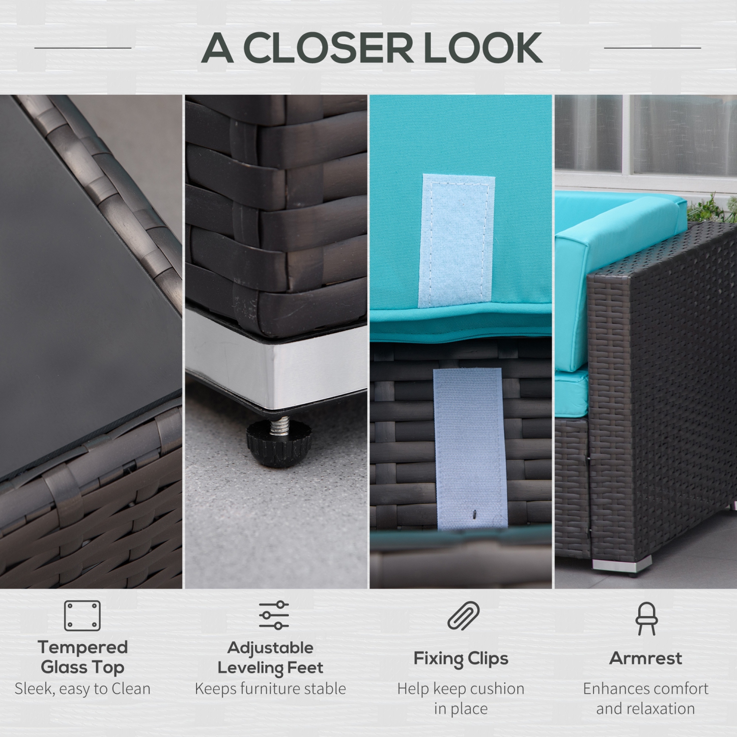 Outsunny 7 Piece Patio Furniture Set, PE Rattan Outdoor Conversation Set with Sectional Sofa, Glass Tabletop, Cushions and Pillows for Garden, Lawn,