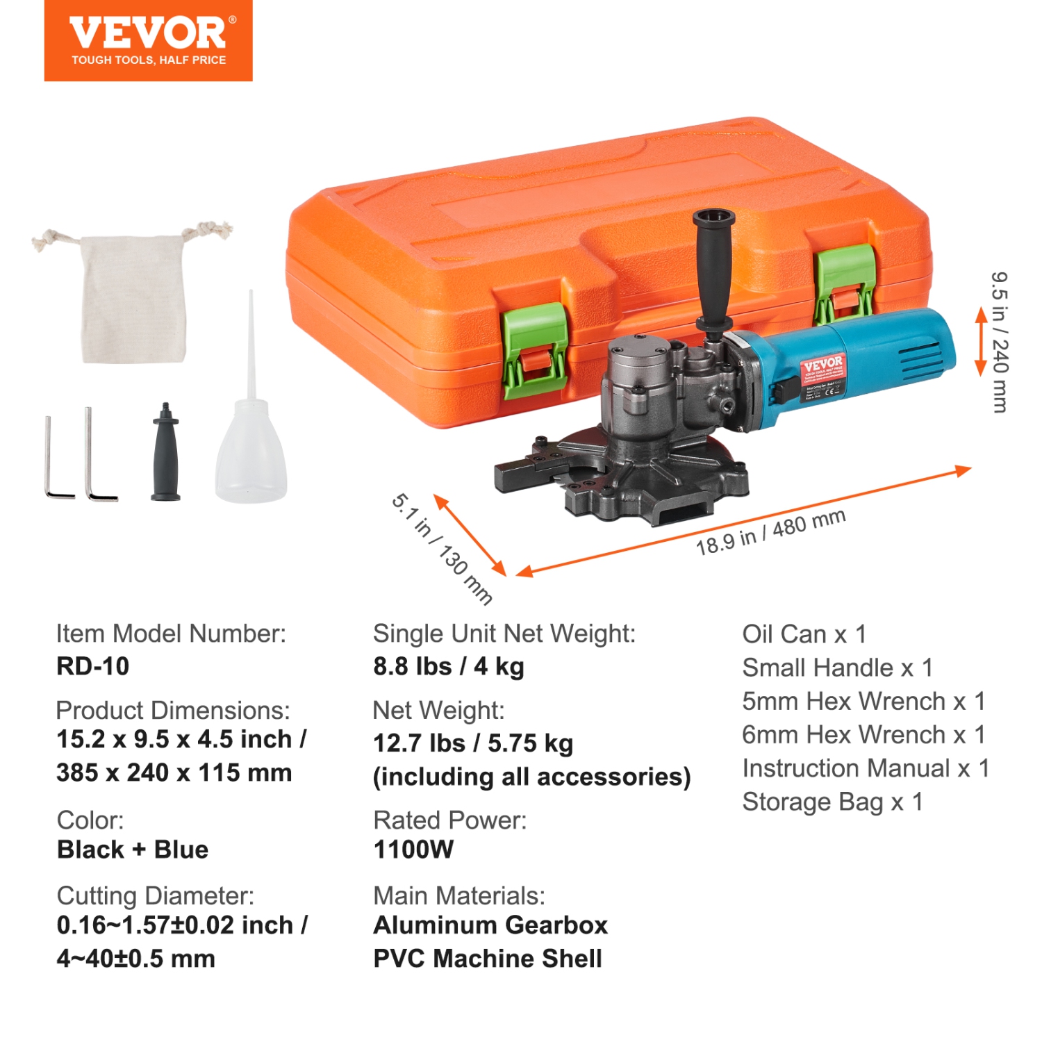 VEVOR 1100W Electric Rebar Cutter, Portable Rebar Cutter, Cutting up to 3/2 inch Rebar, High Power Steel Concrete Rebar Cutter with Auxiliary Small