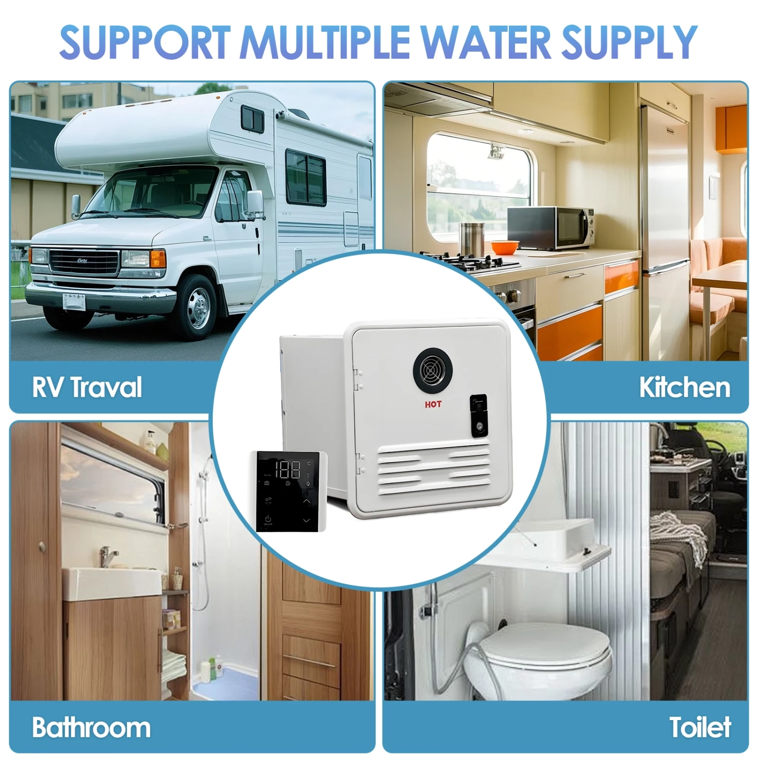 Chauffe-eau au propane instantané pour VR de 61000&nbsp;BTU, chauffe-eau électrique instantané pour camping avec porte blanche et contrôleur