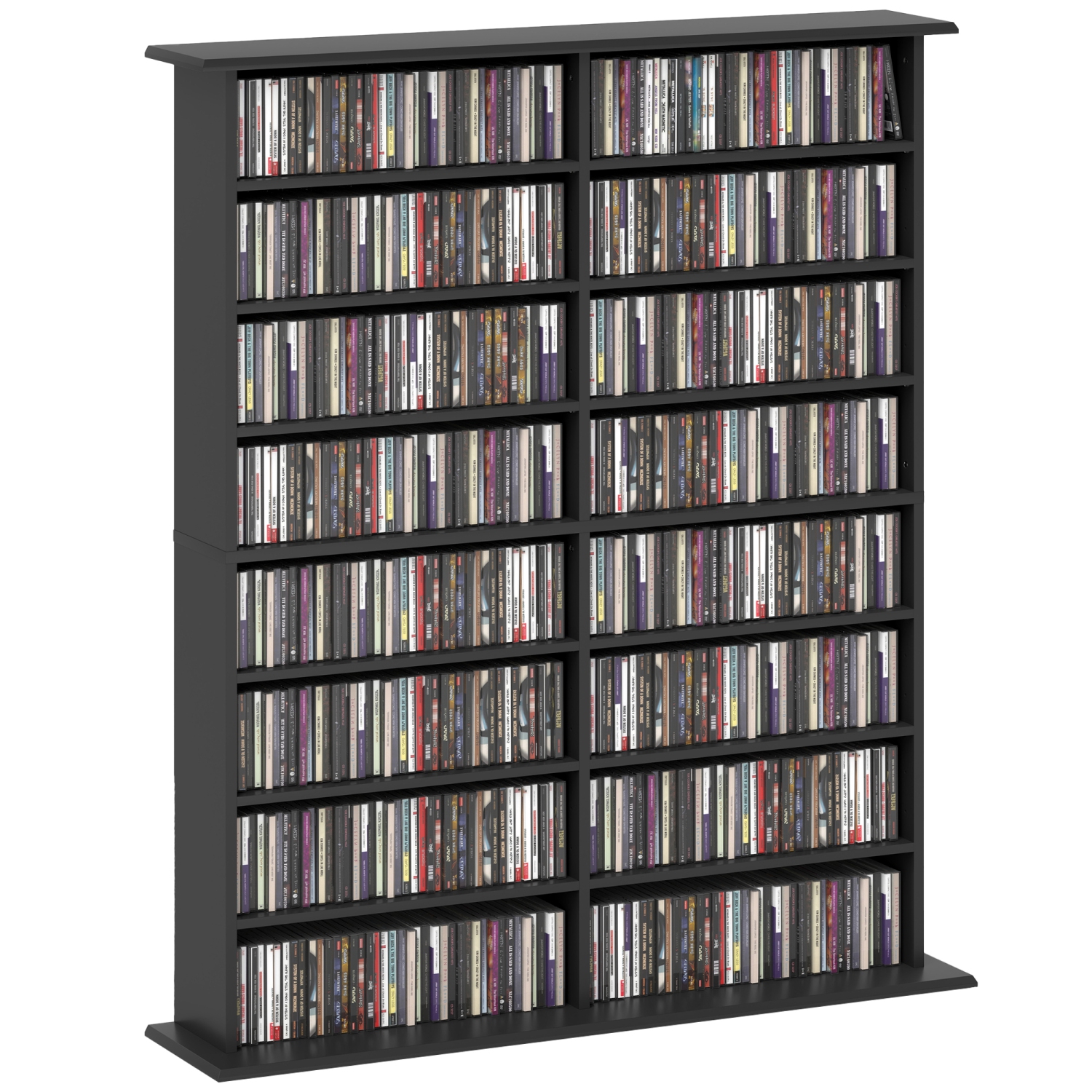 HOMCOM 8-Tier CD Shelf with 16 Compartments, 12 Adjustable Shelves, Double Media Storage Cabinet, Holds 720 CDs, 396 Blu-rays or 396 DVDs, Black