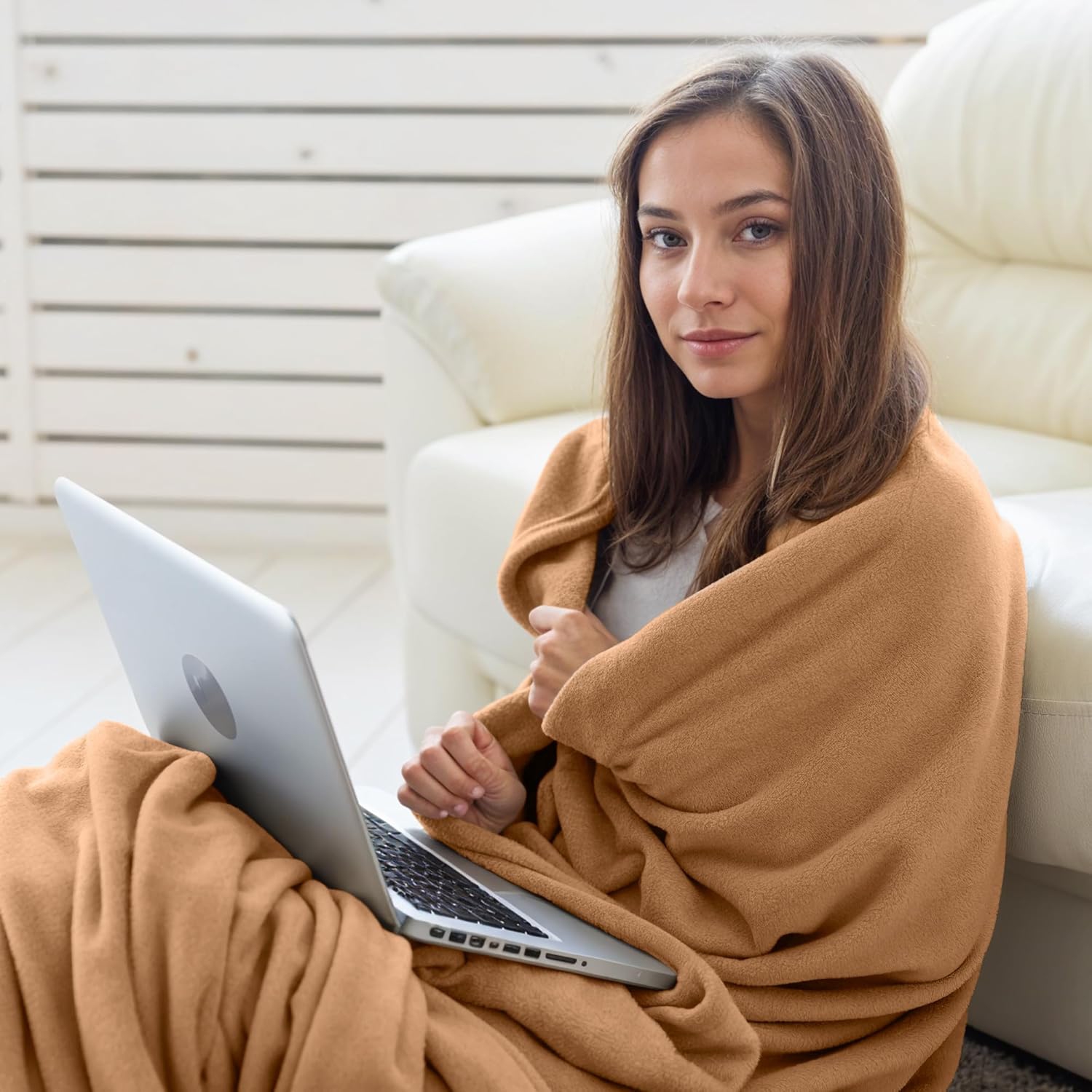 Canadian Linen Polar Fleece Blankets 80"x90" Double Size Lightweight Cozy Warm Super Soft Moisture Free Breathable Bedding Blanket for Hotel Home, Tan