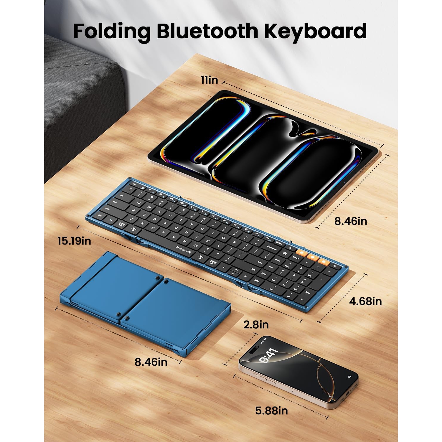 ProtoArc Foldable Bluetooth Keyboard, XK01 Folding Wireless Portable Keyboard with Numeric Keypad, Full-Size Travel Keyboard for iPad Tablet