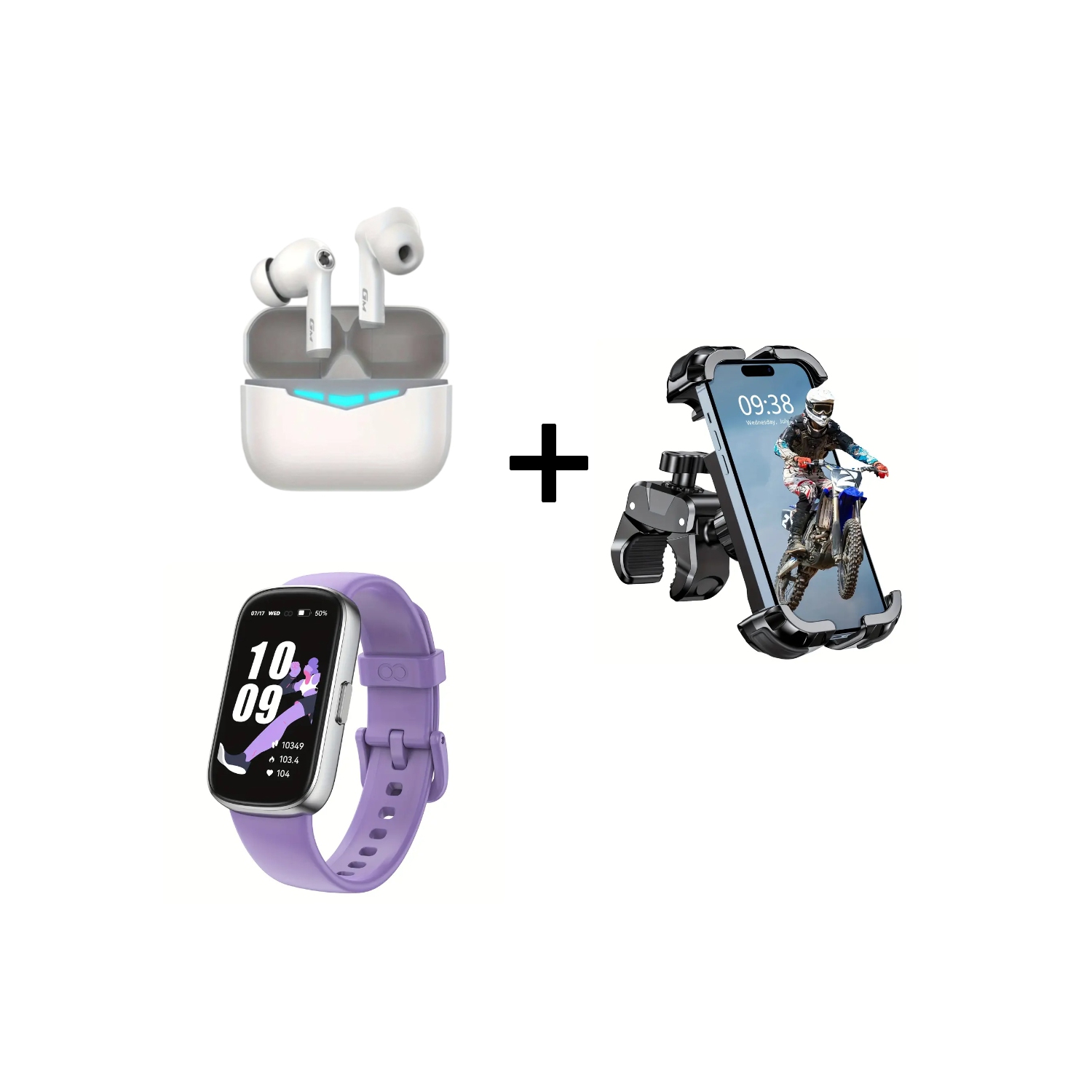 Low Latency Earbuds, 360° Rotatable Bike Phone Holder, and HD Smartwatch with Fitness Tracker