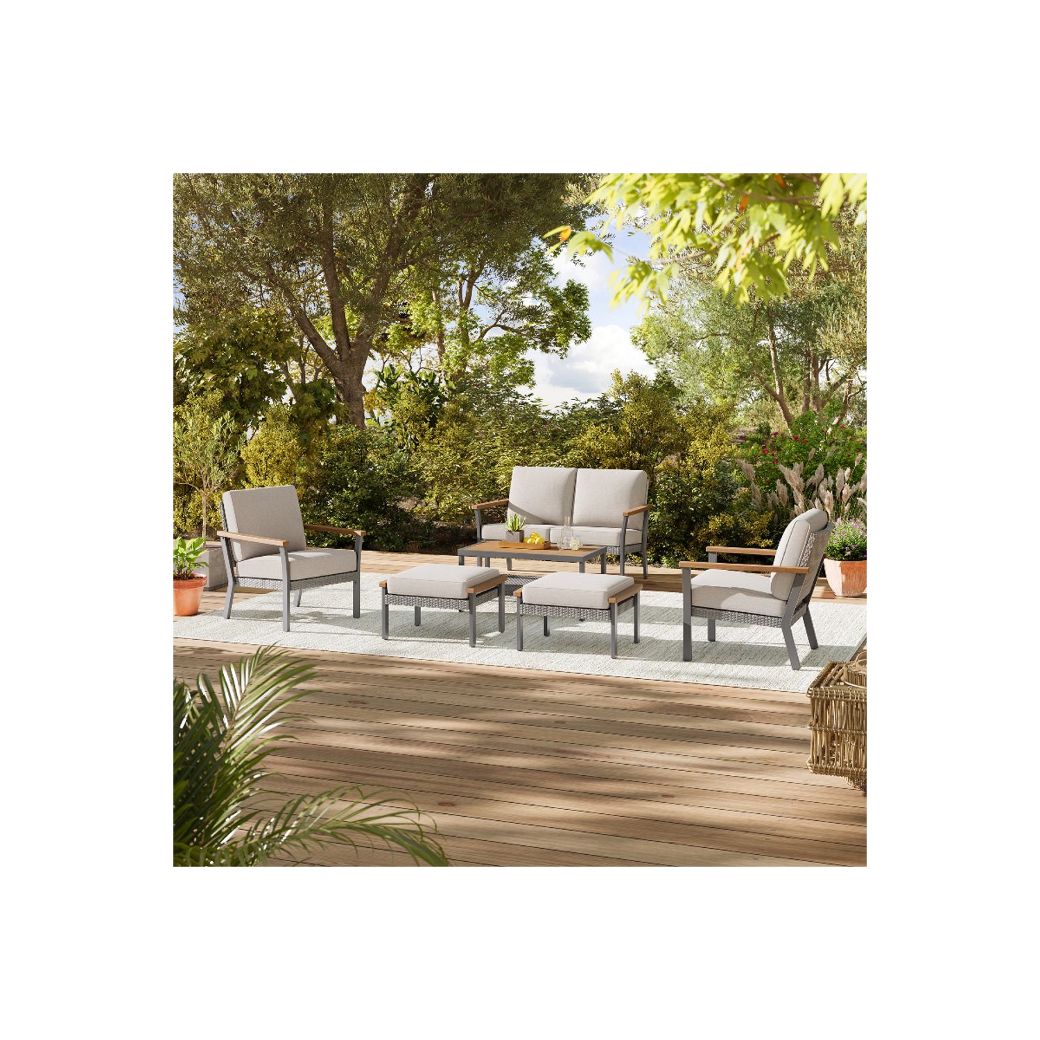 SONGMICS HOME Sencillo Collection - 6 Piece Patio Furniture Set, 1 Coffee Table, 1 Loveseat, 2 Lounge Chairs and 2 Ottomans