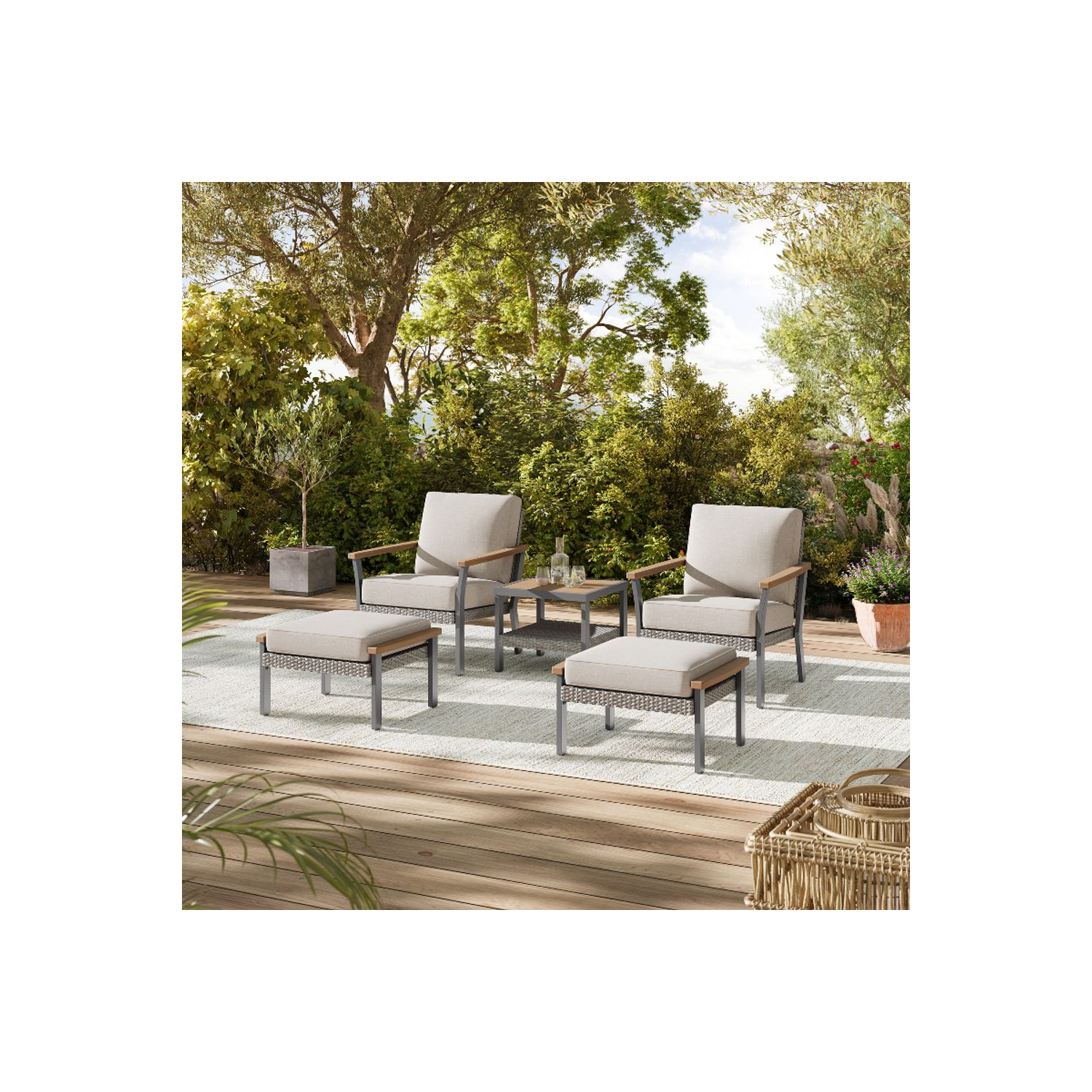 SONGMICS HOME Sencillo Collection - 5 Piece Patio Furniture Set, 2 Lounge Chairs, 2 Ottomans, 1 Coffee Table