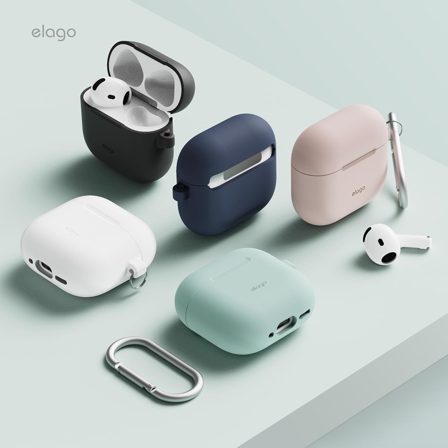 elago Silicone Case Compatible with AirPods 4 Case - Carabiner Included, Supports Wireless Charging, Shock Resistant, Full Protection