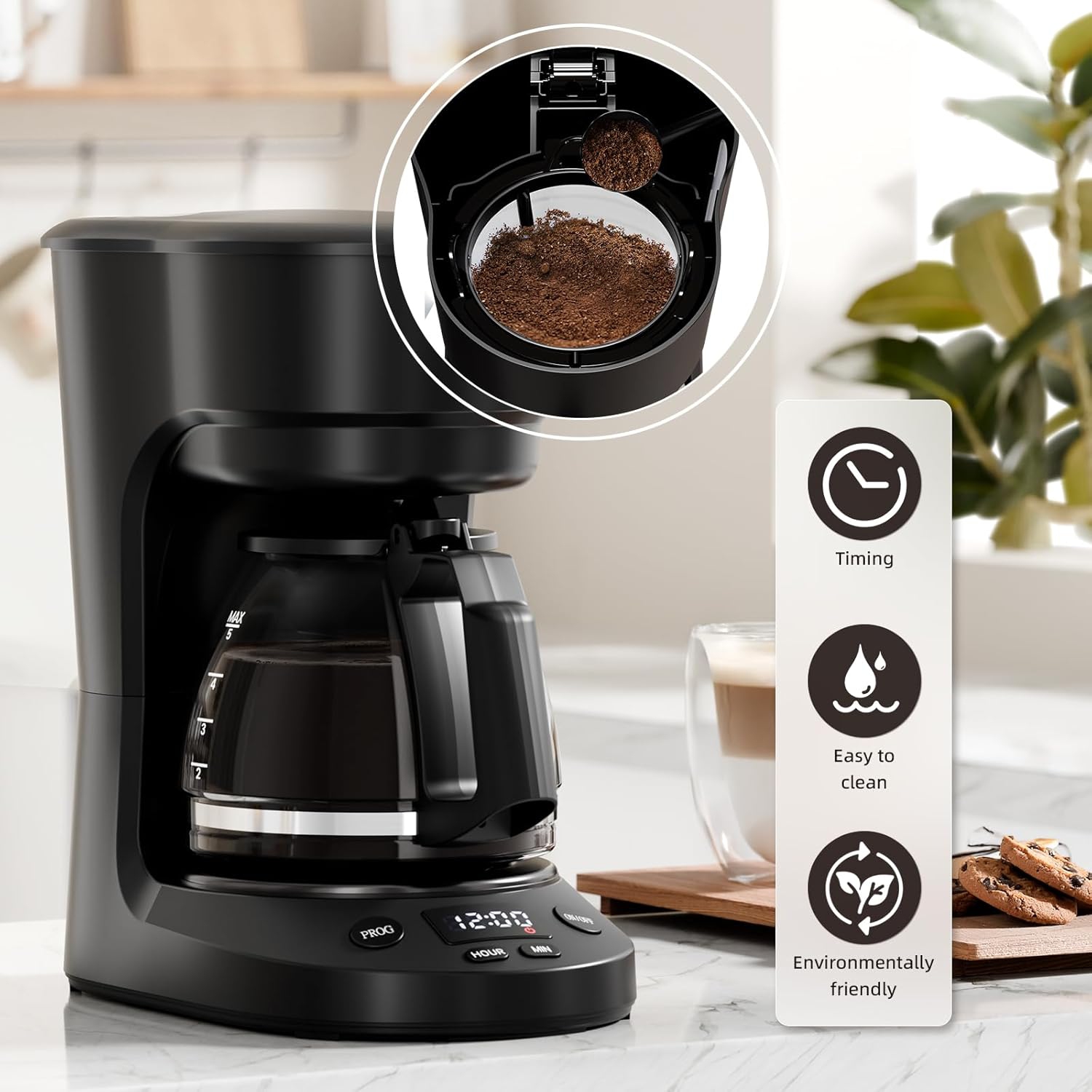 COWSAR Compact Coffee Machine, 5 Cup Drip Coffee Maker with Timing Function, 2H Auto Power-off, 2H Keep Warm, Pause & Brew, Reusable Filter