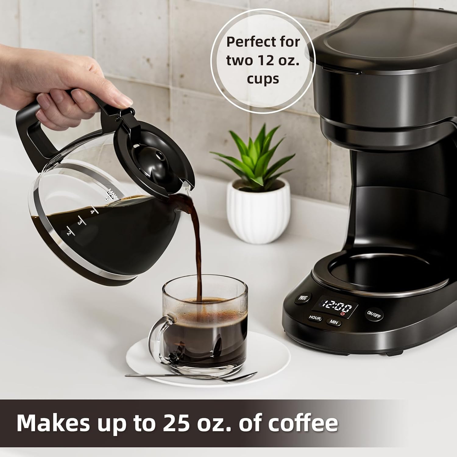 COWSAR Compact Coffee Machine, 5 Cup Drip Coffee Maker with Timing Function, 2H Auto Power-off, 2H Keep Warm, Pause & Brew, Reusable Filter