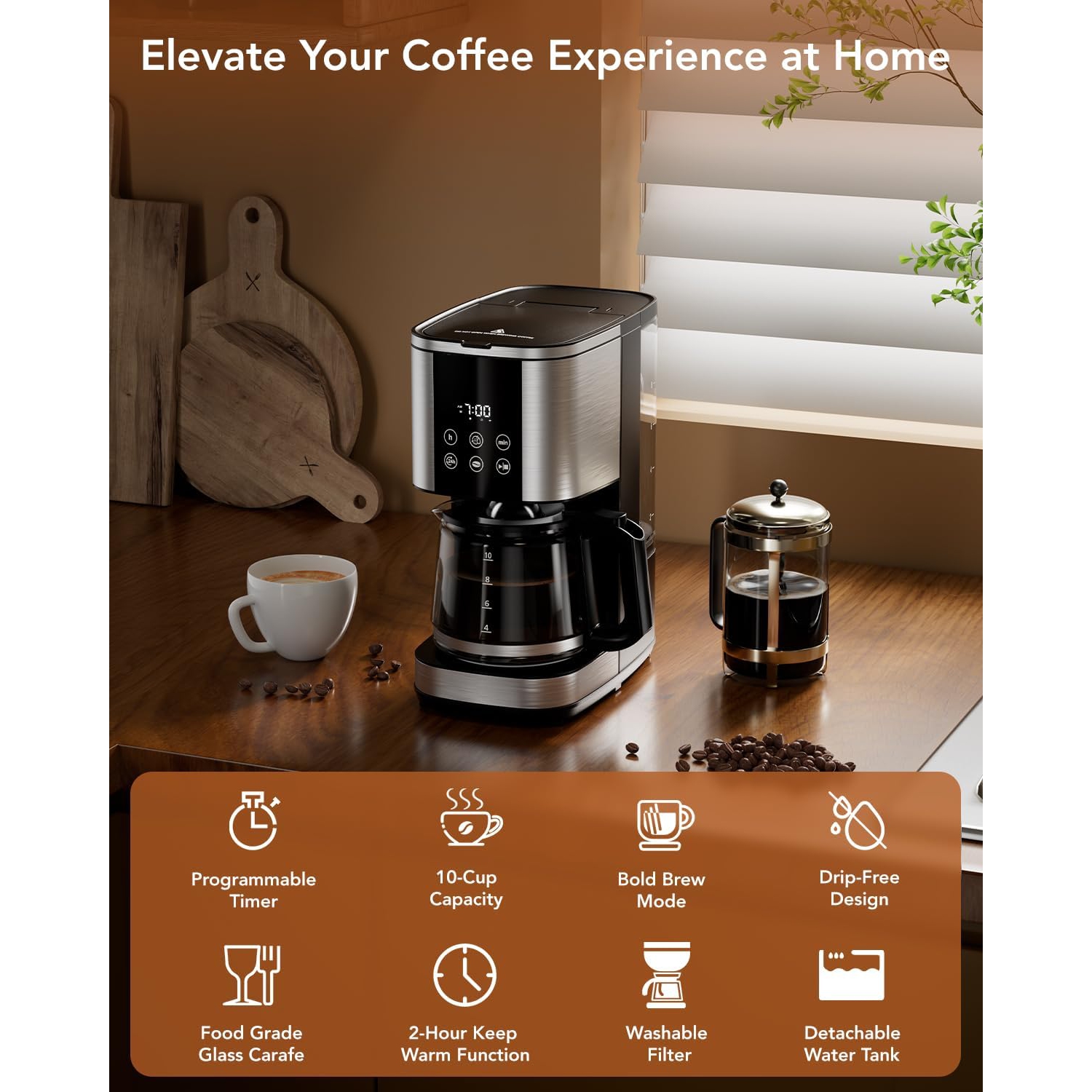 COWSAR 10-Cup Coffee Maker, Drip Coffee Machine with LED Display, Touch Screen, 24H Programmable, Auto Pause and Pour, Keep Warm Function