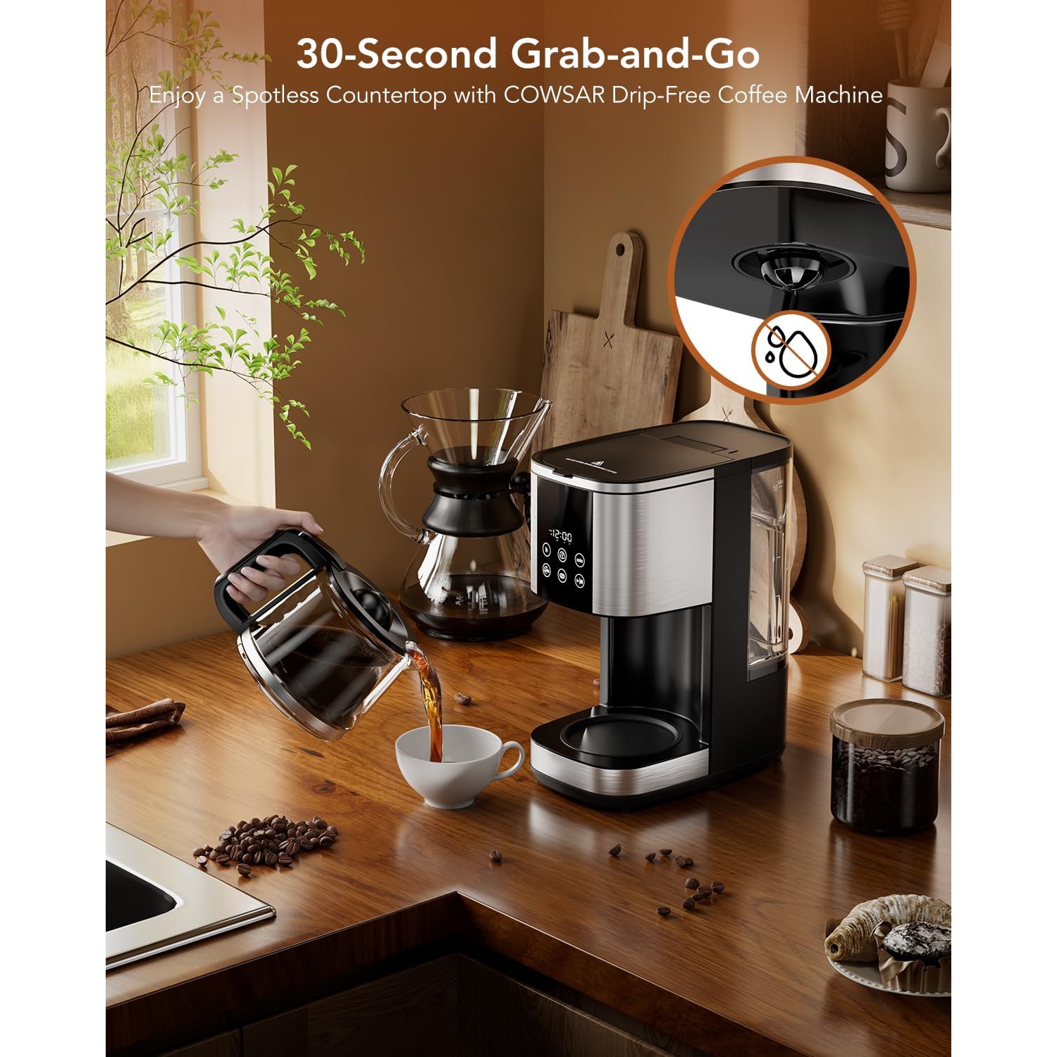 COWSAR 10-Cup Coffee Maker, Drip Coffee Machine with LED Display, Touch Screen, 24H Programmable, Auto Pause and Pour, Keep Warm Function