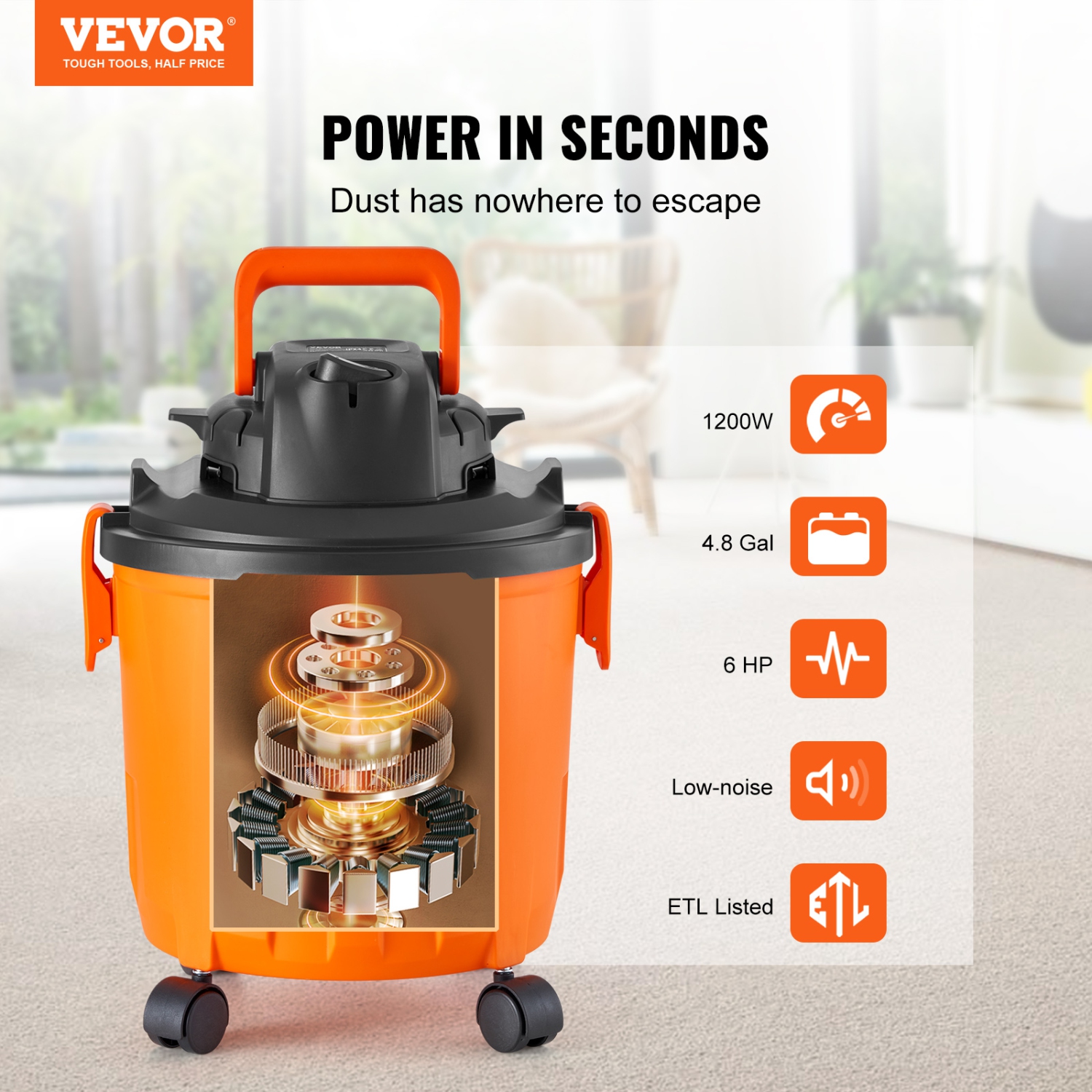 VEVOR 5 Gallon Shop Vacuum Wet And Dry, 6 Peak HP Wet/Dry Vac, Powerful Suction with Blower Function with Attachments 2-in-1 Crevice Nozzle, for
