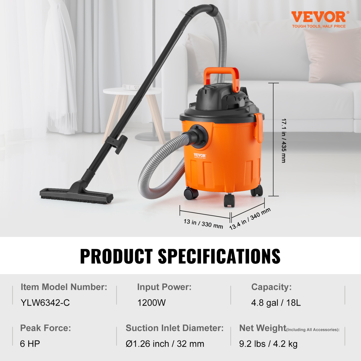 VEVOR 5 Gallon Shop Vacuum Wet And Dry, 6 Peak HP Wet/Dry Vac, Powerful Suction with Blower Function with Attachments 2-in-1 Crevice Nozzle, for