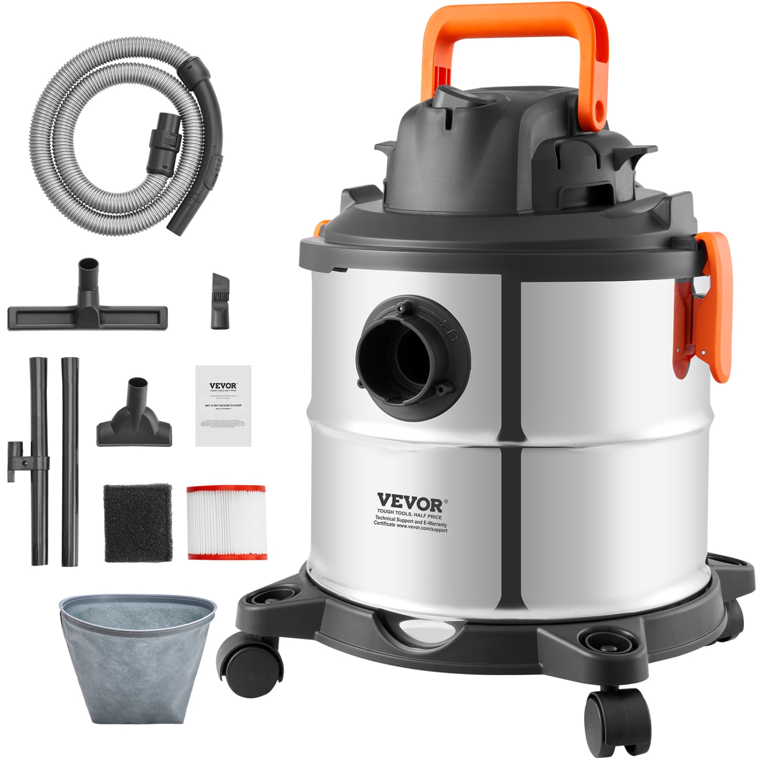 VEVOR 5.5 Gallon Stainless Steel Wet Dry Shop Vacuum, 6 Peak HP Wet/Dry Vac, Powerful Suction with Blower Function w/ Attachment 2-in-1 Crevice