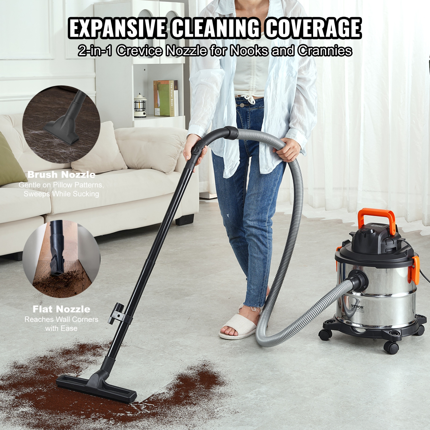 VEVOR 5.5 Gallon Stainless Steel Wet Dry Shop Vacuum, 6 Peak HP Wet/Dry Vac, Powerful Suction with Blower Function w/ Attachment 2-in-1 Crevice