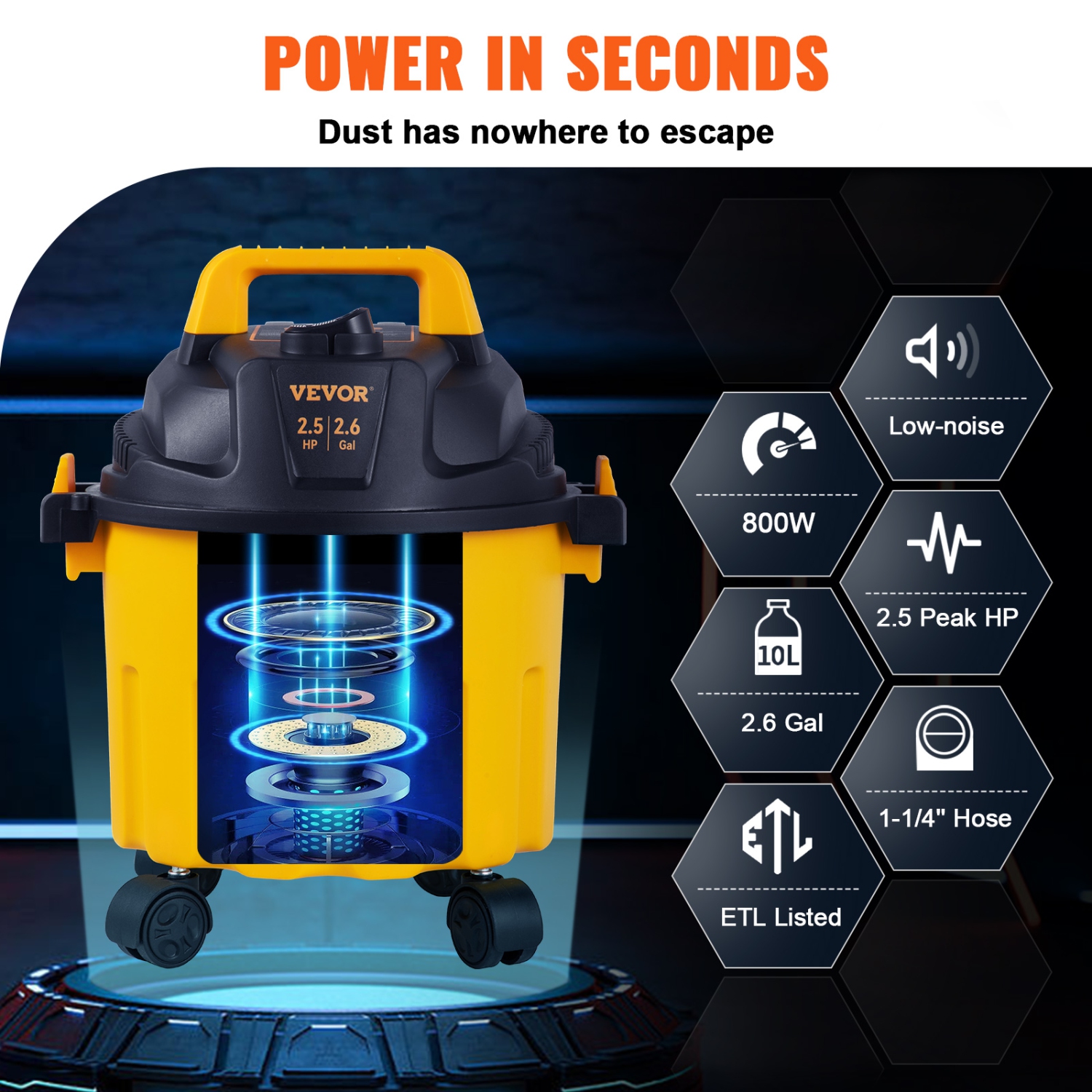 VEVOR 2.6 Gallon Wet Dry Vac, 2.5 Peak HP, 3 in 1 Portable Shop Vacuum with Blowing Function,Attachments Storage, for Cleaning Floor, Upholstery,