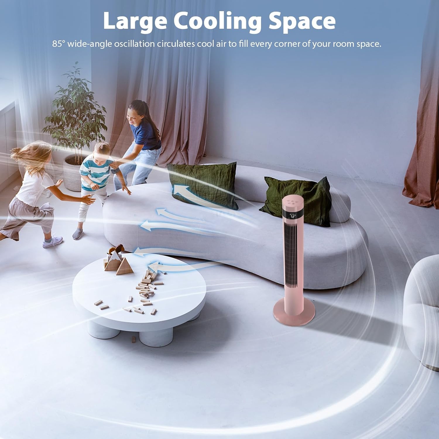 Cowsar 36 inch Tower Fan Portable Electric Oscillating Fan Quiet Remote Control Bladeless Floor Fan 3-Speed Wind Mode 12H Timer Bedroom Office Pink