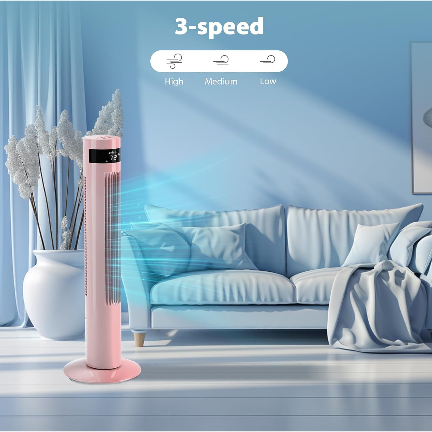 Cowsar 36 inch Tower Fan Portable Electric Oscillating Fan Quiet Remote Control Bladeless Floor Fan 3-Speed Wind Mode 12H Timer Bedroom Office Pink