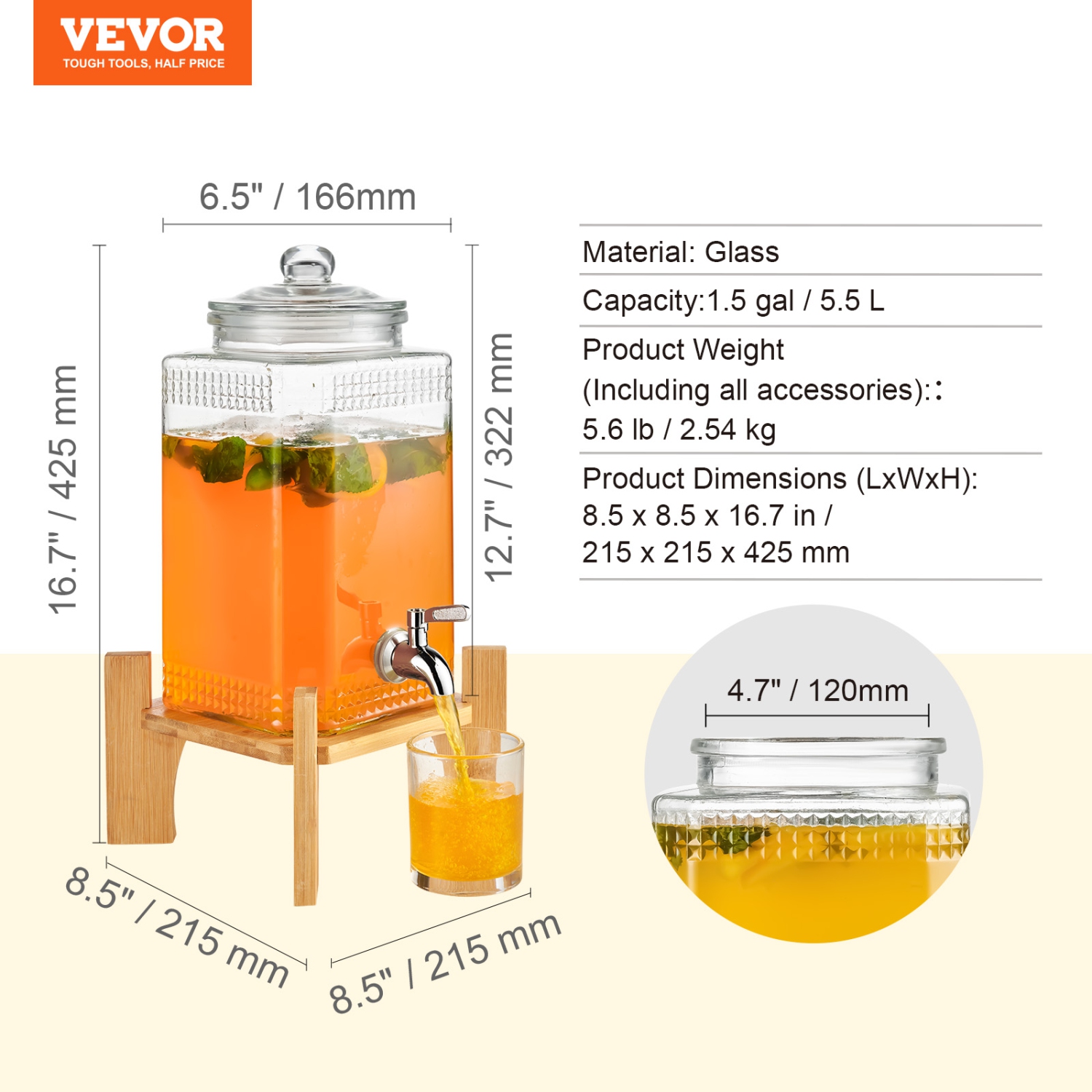 VEVOR 1.5 Gallon Beverage Dispenser, Drink Dispensers for Parties, 2PC,Glass Juice Dispenser with Stand, Stainless Steel Spigot, Iced Tea Lemonade
