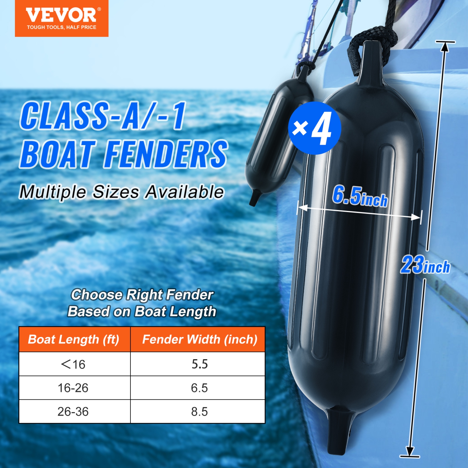 VEVOR 6.5" x 23" Boat Fenders, Boat Bumpers for Docking, Inflatable Ribbed Fender with Center Holes, Marine Boat Dock Fender Bumper with Air Pump, 4