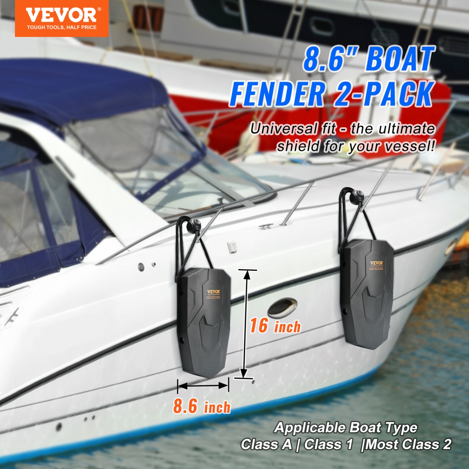 VEVOR 8.6" x 16" Boat Fenders, Boat Bumpers for Docking, Marine EVA Boat Dock Fender Bumper with Ropes, Cord Locks and Storage Bag, for Class A/Class
