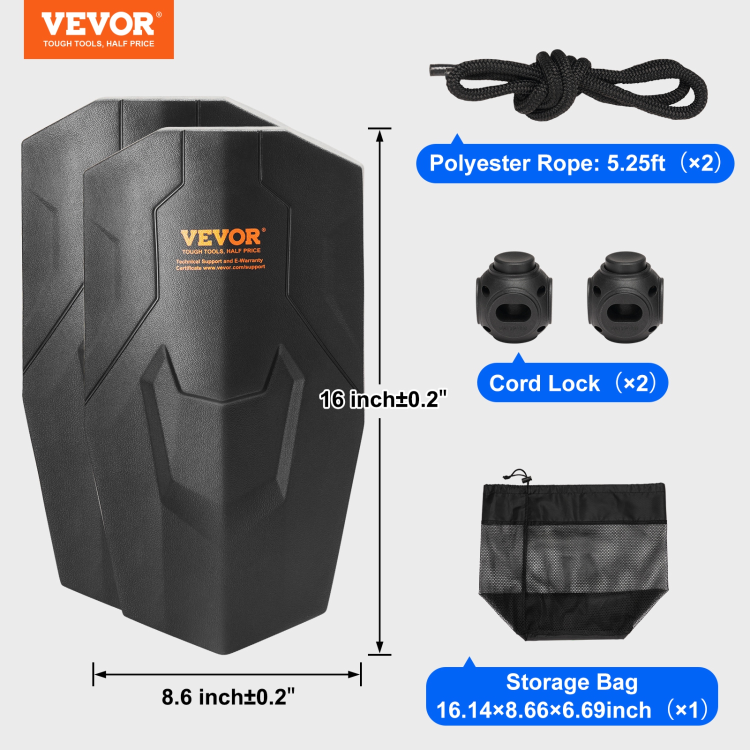 VEVOR 8.6" x 16" Boat Fenders, Boat Bumpers for Docking, Marine EVA Boat Dock Fender Bumper with Ropes, Cord Locks and Storage Bag, for Class A/Class