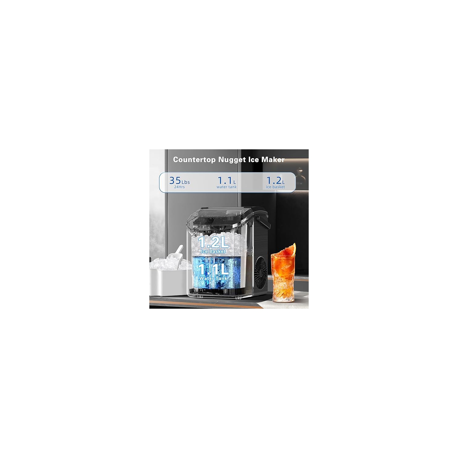 Cowsar Countertop Ice Maker with Soft Chewable Pellet Ice, 35Lbs/24Hrs, Self-Cleaning Function, One-Click Operation, Includes Ice Basket and Scoop