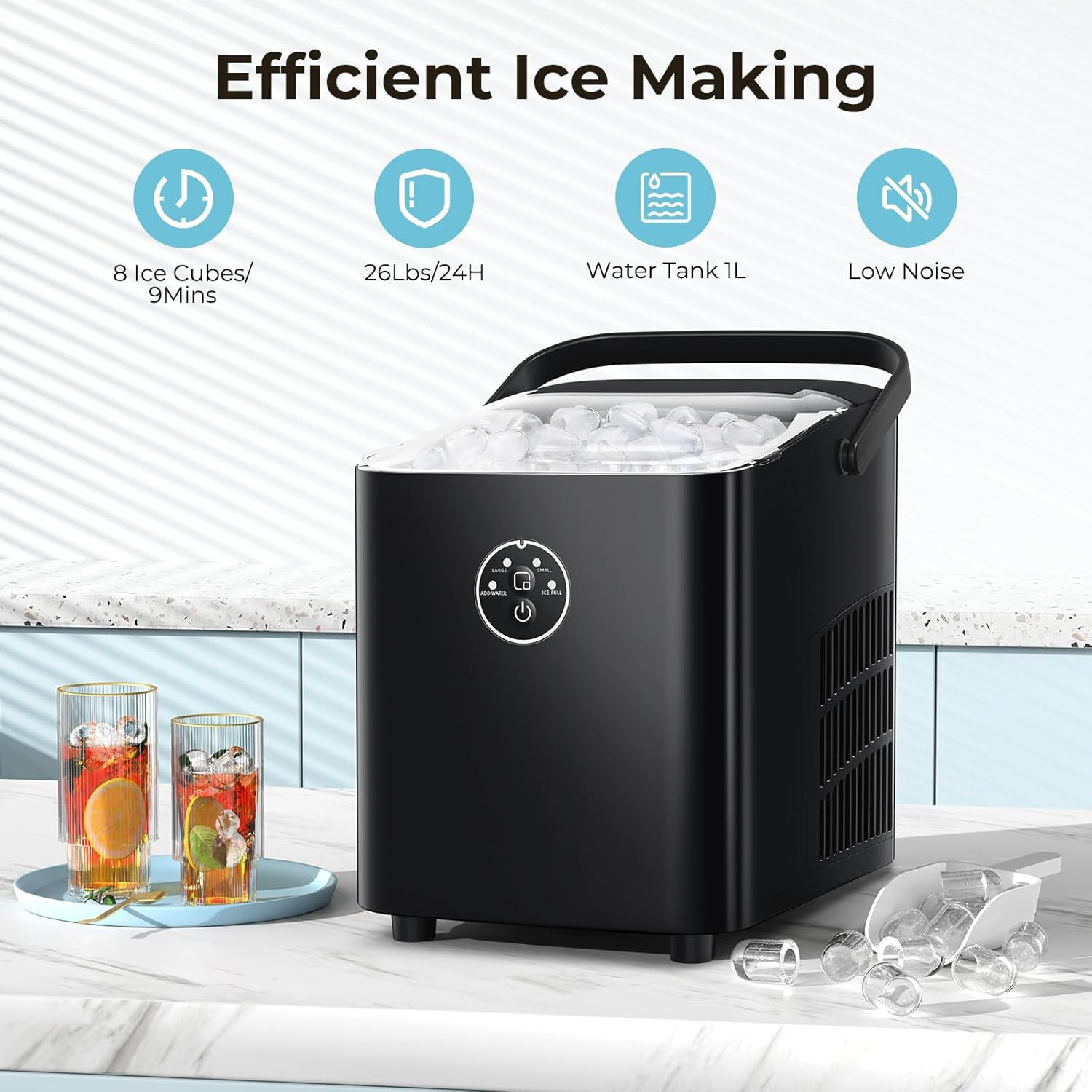 COWSAR Portable Ice Maker with Handle, Ready in 6 Minutes with 8 Bullet Ice, Self-Cleaning, Comes with Basket and Scoop, 2 Ice Sizes for Camping,