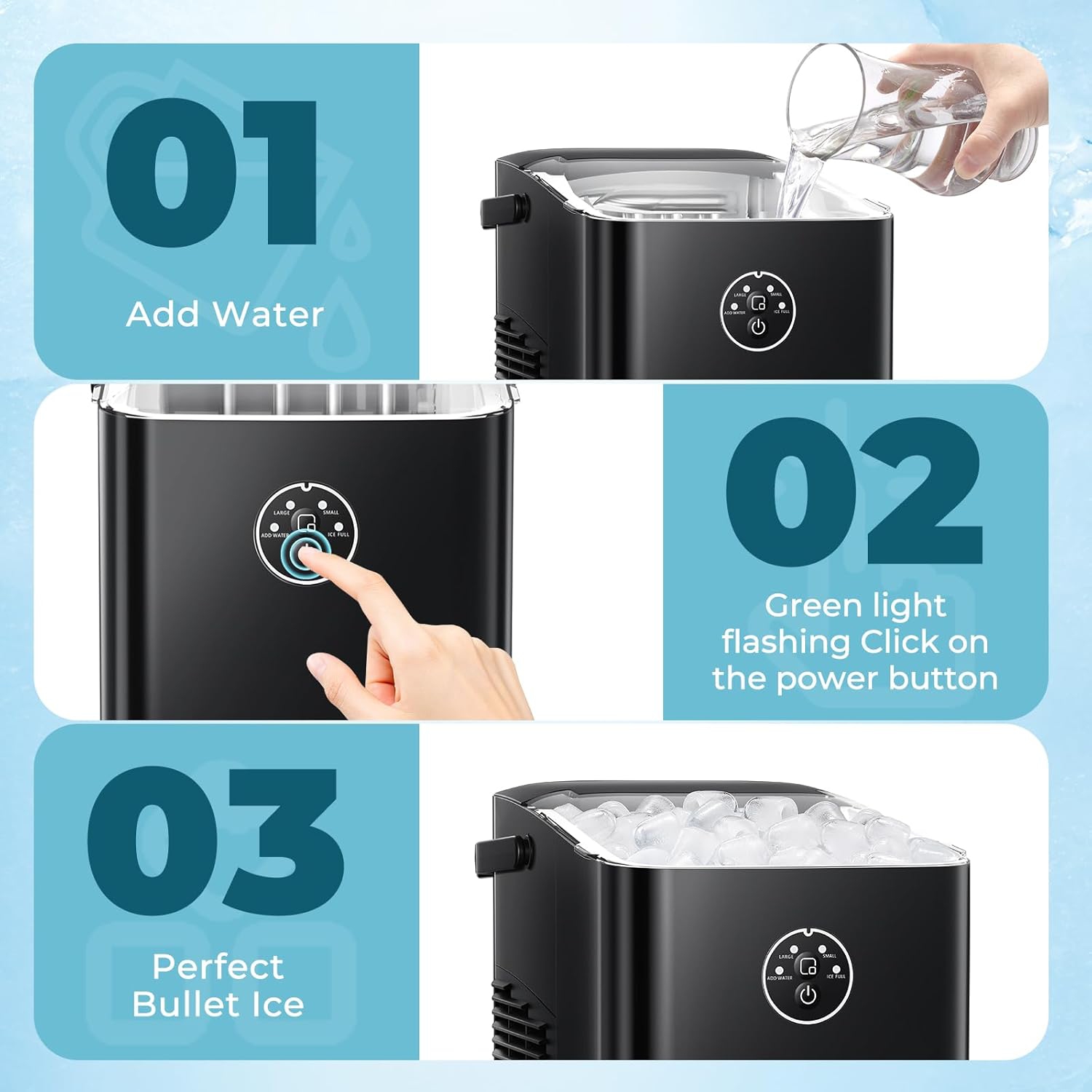 COWSAR Portable Ice Maker with Handle, Ready in 6 Minutes with 8 Bullet Ice, Self-Cleaning, Comes with Basket and Scoop, 2 Ice Sizes for Camping,