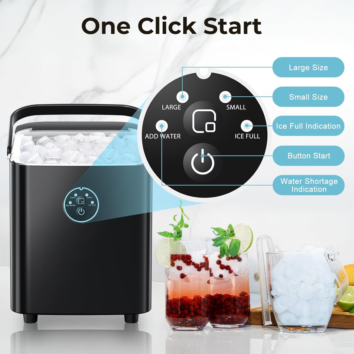 COWSAR Portable Ice Maker with Handle, Ready in 6 Minutes with 8 Bullet Ice, Self-Cleaning, Comes with Basket and Scoop, 2 Ice Sizes for Camping,