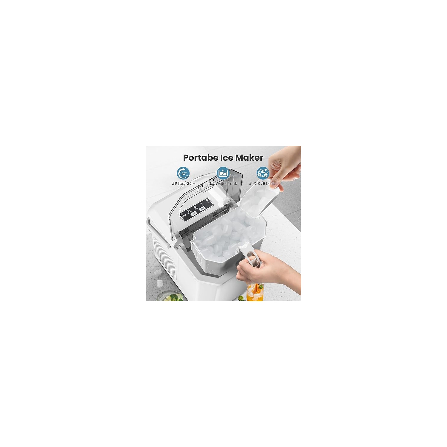 Cowsar Countertop Ice Maker, Portable with Handle, 26Lbs/24H, 9 Cubes in 6 Min, Self-Cleaning, Includes Scoop & Basket, Perfect for Home, Office,