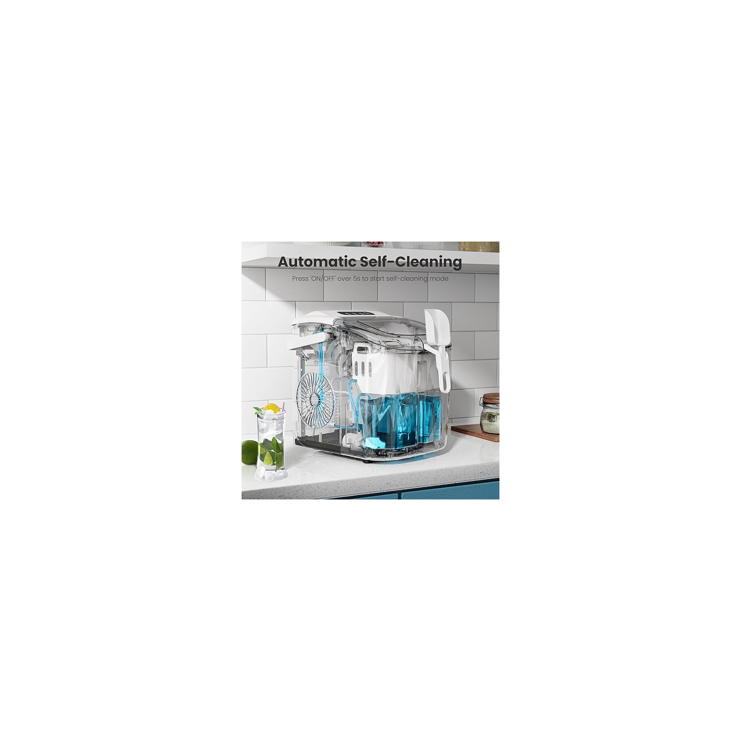 Cowsar Countertop Ice Maker, Portable with Handle, 26Lbs/24H, 9 Cubes in 6 Min, Self-Cleaning, Includes Scoop & Basket, Perfect for Home, Office,