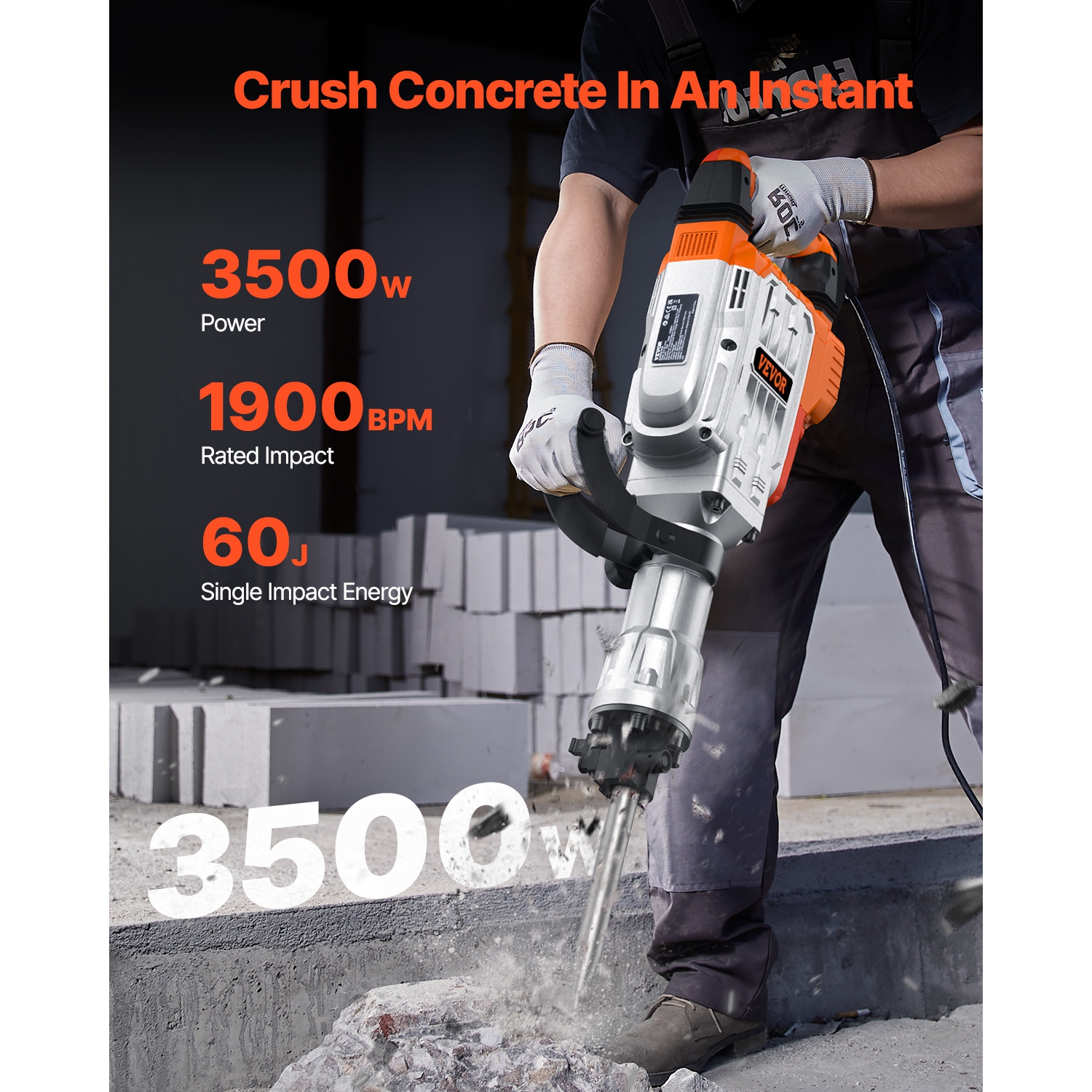 VEVOR 3500W Demolition Jack Hammer, Hammer Concrete Breaker, 2pcs Chisel with Gloves & 360°C Swiveling Front Handle for Trenching, 1900 BPM Heavy