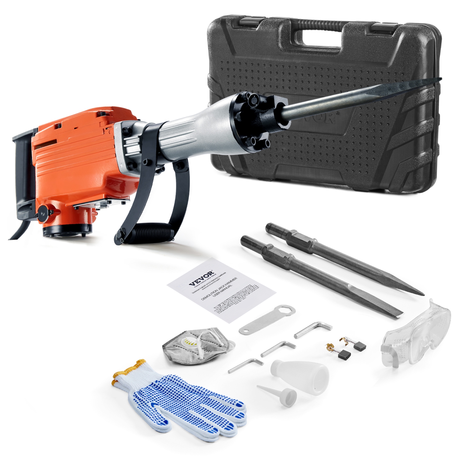 Marteau-cric de démolition VEVOR 2200&nbsp;W, marteau-piqueur électrique robuste, disjoncteur de béton de 1350 BPM, 2 ciseaux à éclater avec boîtier