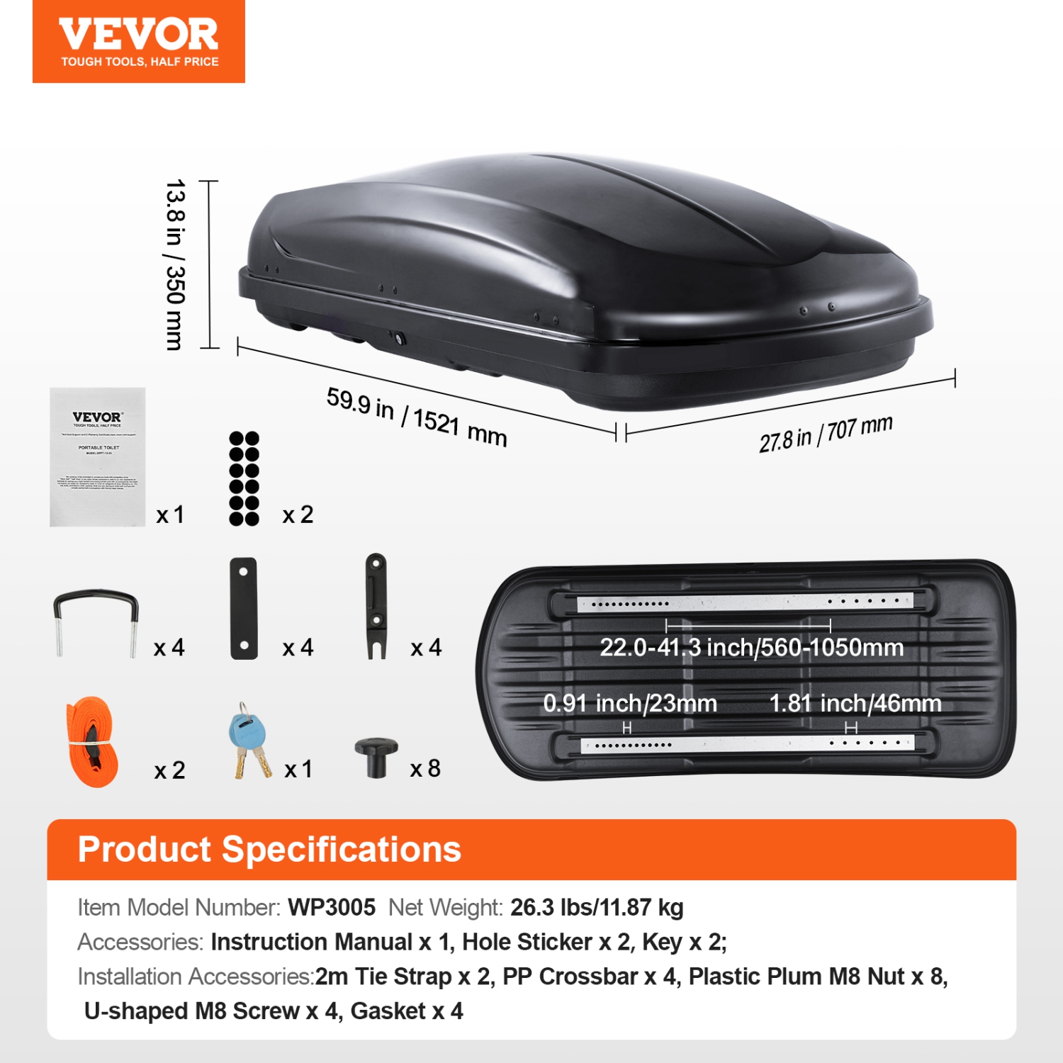 VEVOR 8 Cubic Feet Roof Rooftop Cargo Carrier, Cargo Box, ABS Hard Shell Roof Box, with Dual-Sided Opening and 2 Reinforced Straps, Aerodynamic,