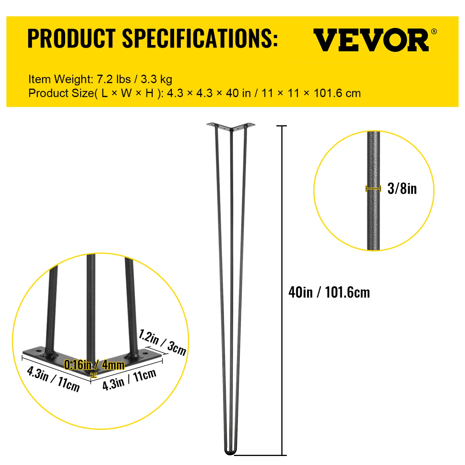 VEVOR 40" Hairpin Table Legs Black Set of 4 Desk Legs 880lbs Load Capacity Hairpin Desk Legs 3 Rods for Bench Desk Carbon Steel DIY Heavy Duty