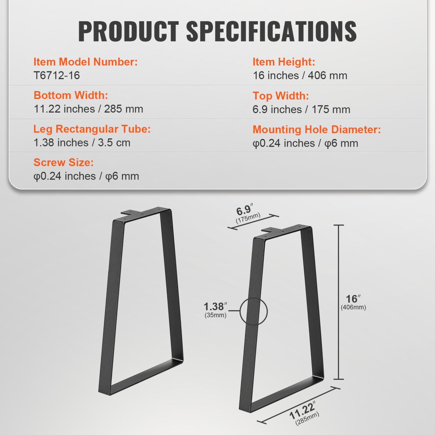 VEVOR 16 inch Trapezoid Steel Table Legs, Replacement Furniture Legs Set of 2 for DIY Coffee Tables, Modern Desks, Bench, Max Load 400 lbs Heavy