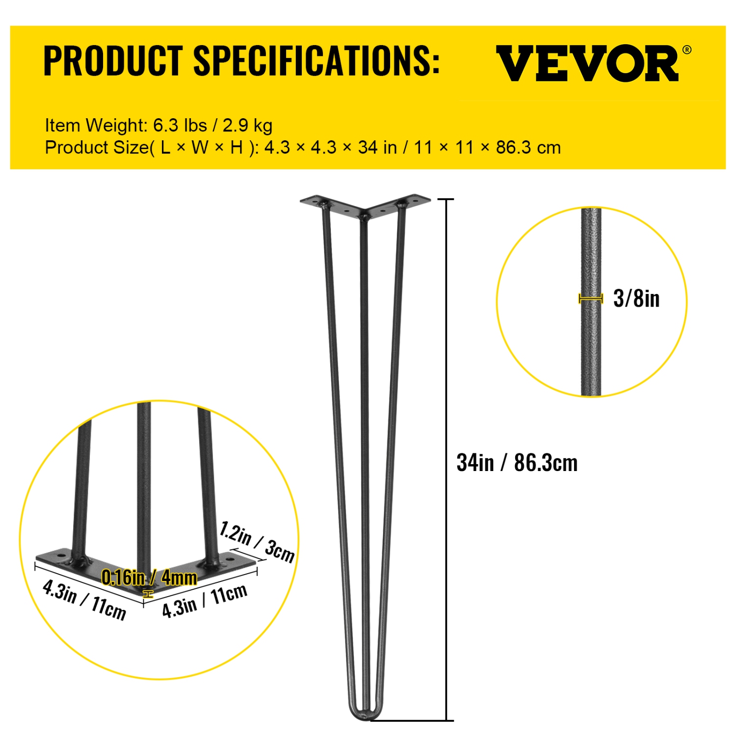 VEVOR 34" Hairpin Table Legs Black Set of 4 Desk Legs 880lbs Load Capacity Hairpin Desk Legs 3 Rods for Bench Desk Carbon Steel DIY Heavy Duty