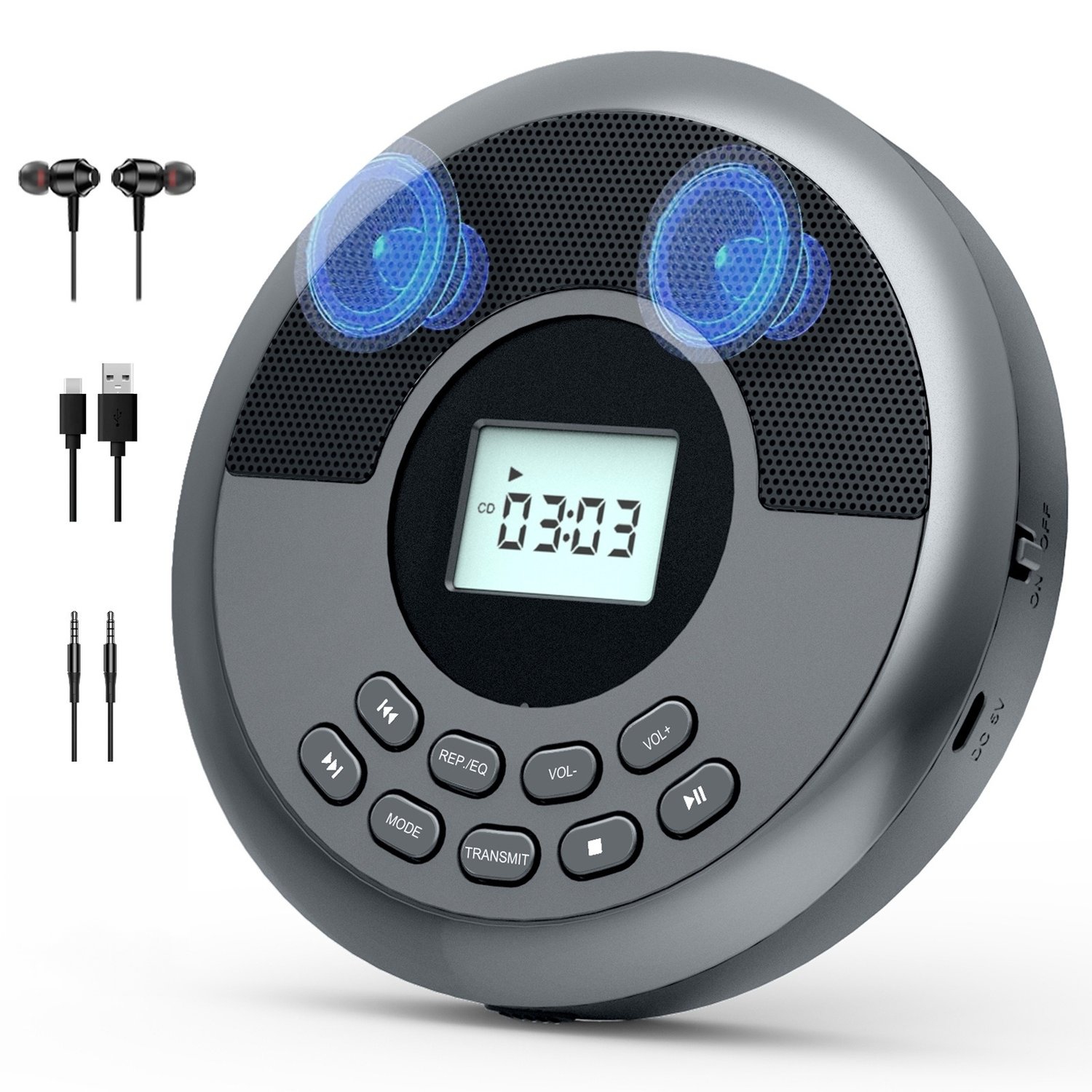 Lecteur CD portatif avec Bluetooth, lecteur CD rechargeable pour l'auto avec haut-parleurs, lecteur CD Walkman avec casque d'écoute, Discman avec