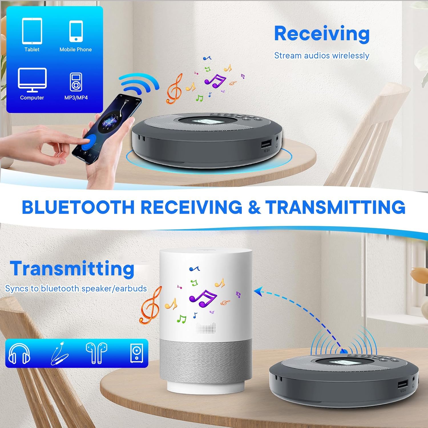Lecteur CD portatif avec Bluetooth, lecteur CD rechargeable pour l'auto avec haut-parleurs, lecteur CD Walkman avec casque d'écoute, Discman avec