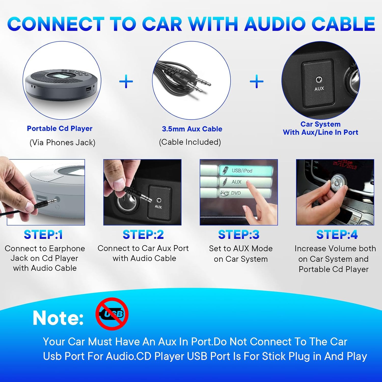 Lecteur CD portatif avec Bluetooth, lecteur CD rechargeable pour l'auto avec haut-parleurs, lecteur CD Walkman avec casque d'écoute, Discman avec