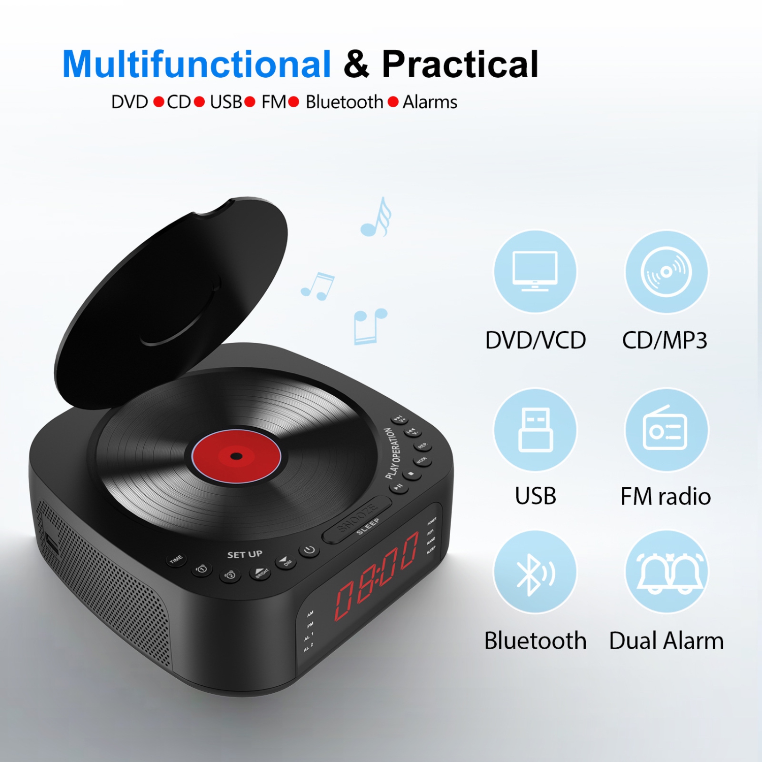 Lecteur de CD portatif, lecteur de CD stéréo avec radio FM, réveil numérique, MP3, Bluetooth, USB, télécommande