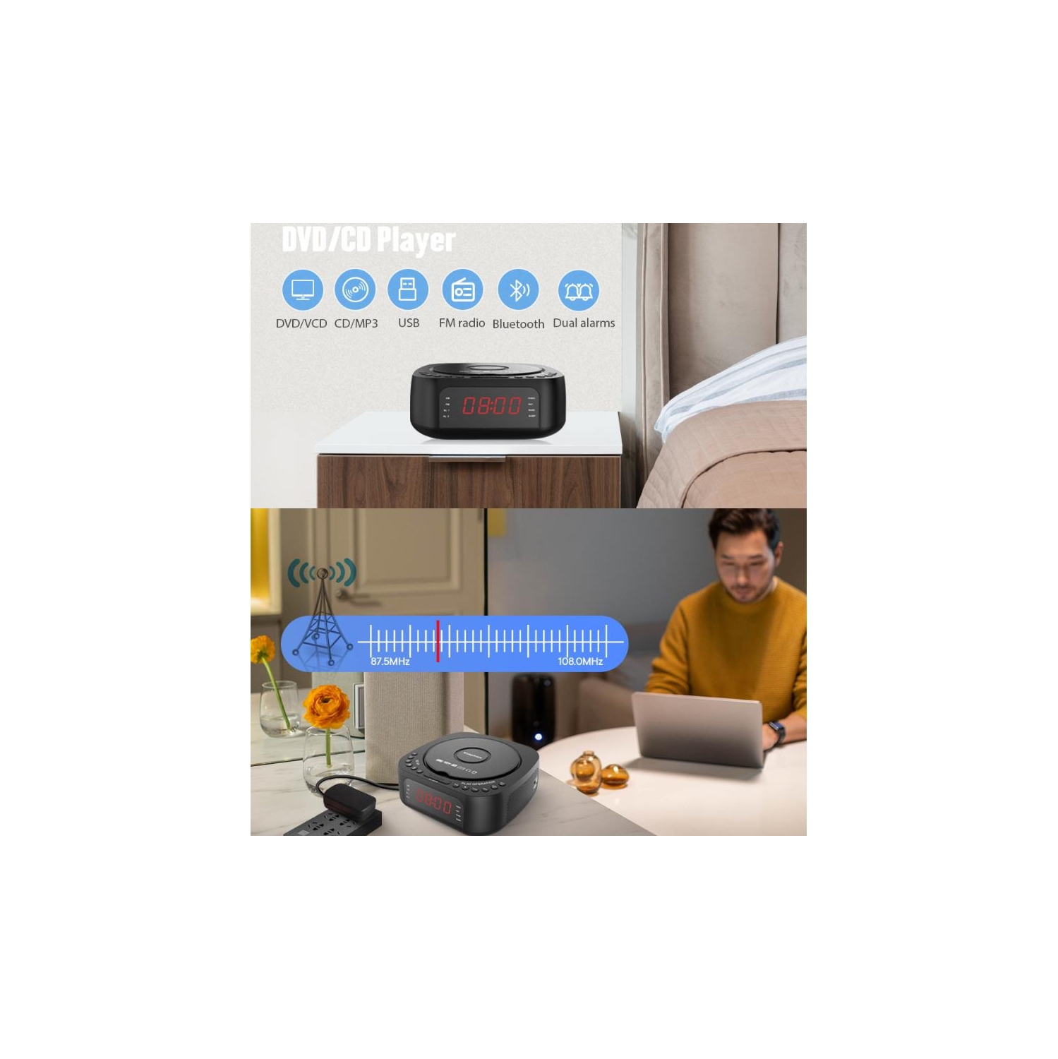 Lecteur de CD portatif, lecteur de CD stéréo avec radio FM, réveil numérique, MP3, Bluetooth, USB, télécommande