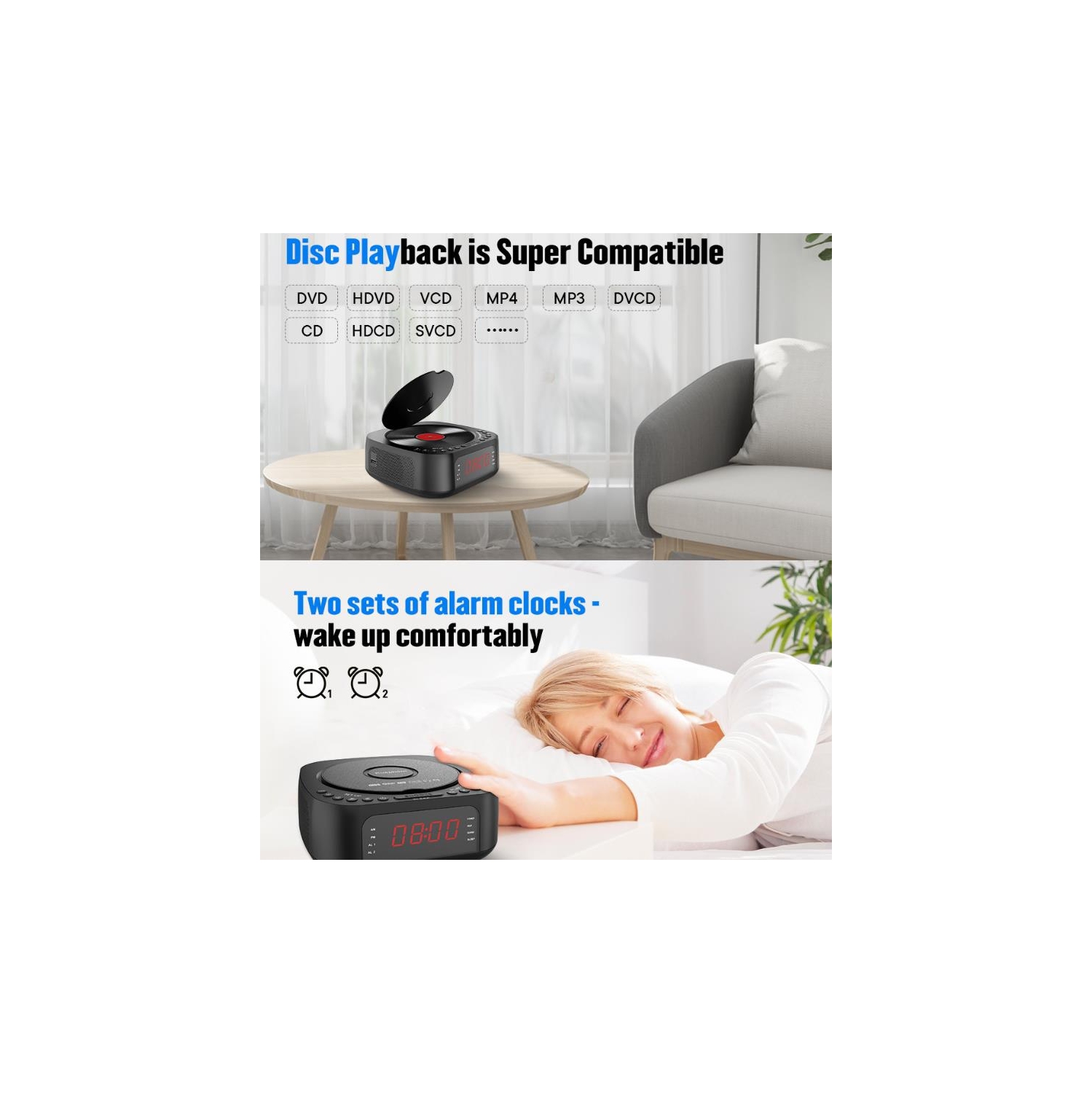 Lecteur de CD portatif, lecteur de CD stéréo avec radio FM, réveil numérique, MP3, Bluetooth, USB, télécommande