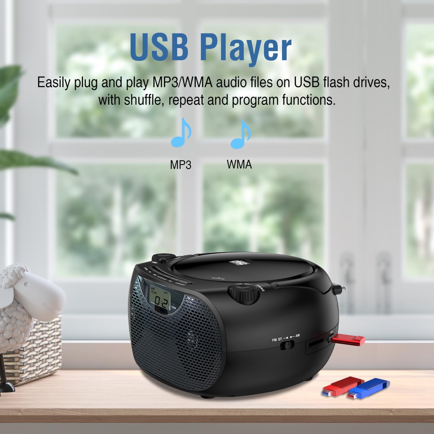 Lecteur CD stéréo portatif, minichaîne portative avec radio AM/FM, USB, entrée auxiliaire, prise pour écouteurs, CD-R/RW, lecteur CD Bluetooth Clear